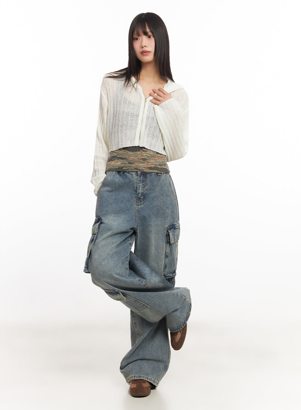 Zip-Up Sheer Hooded Cardigan IA528