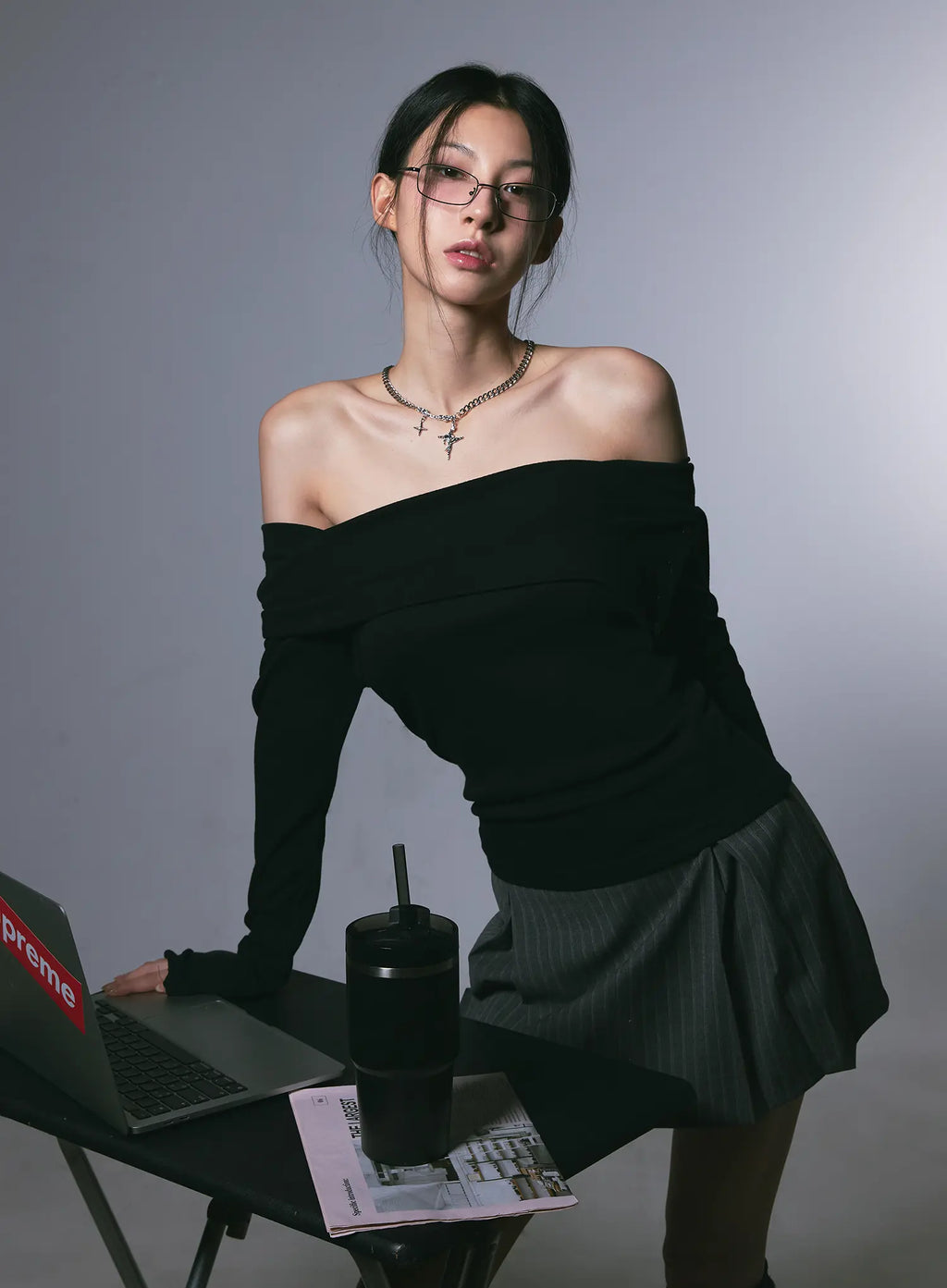 Buttoned Off-Shoulder Long Sleeve Top CG525