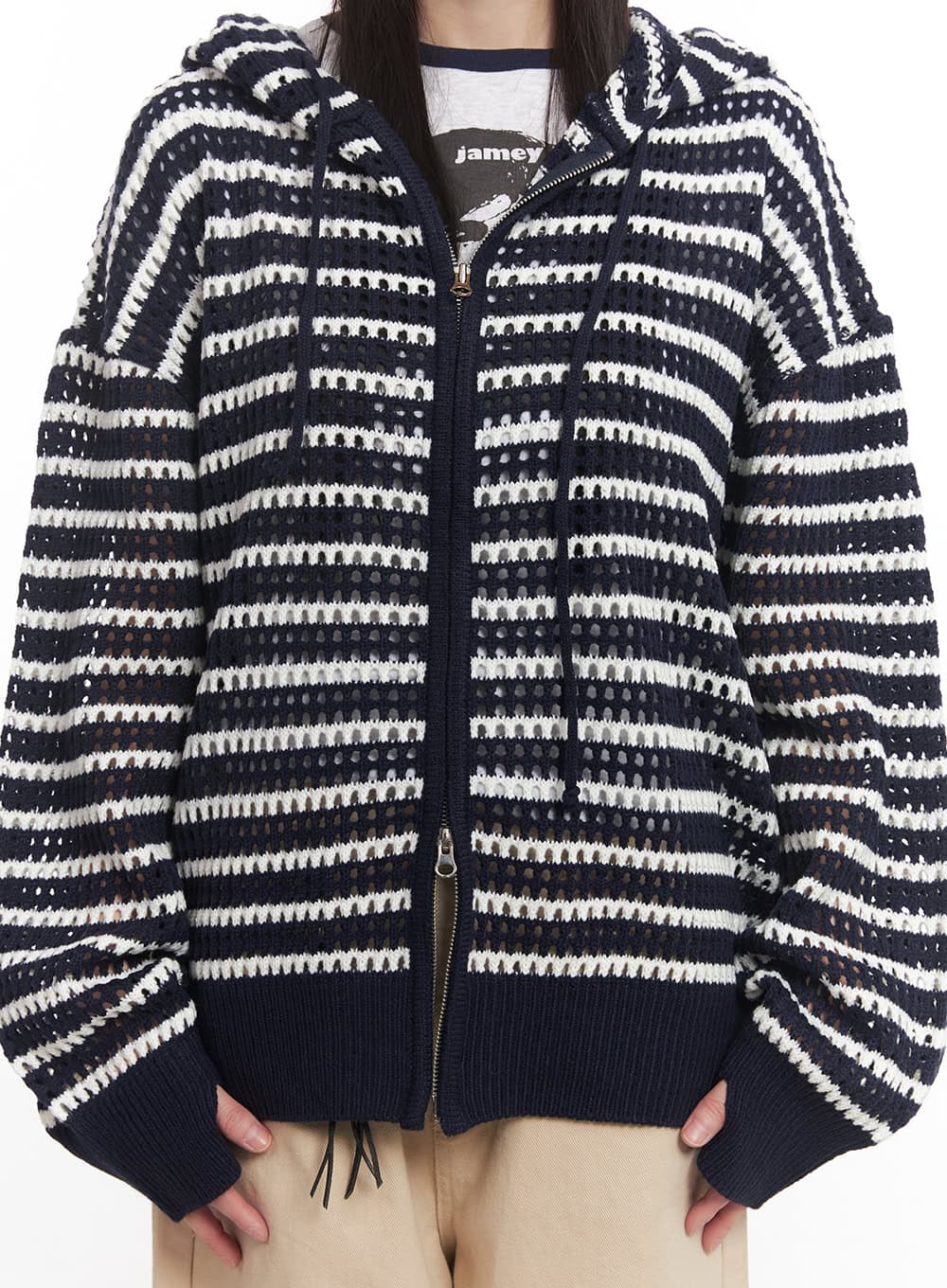 Striped Zip-Up Oversized Hooded Sweater CM520