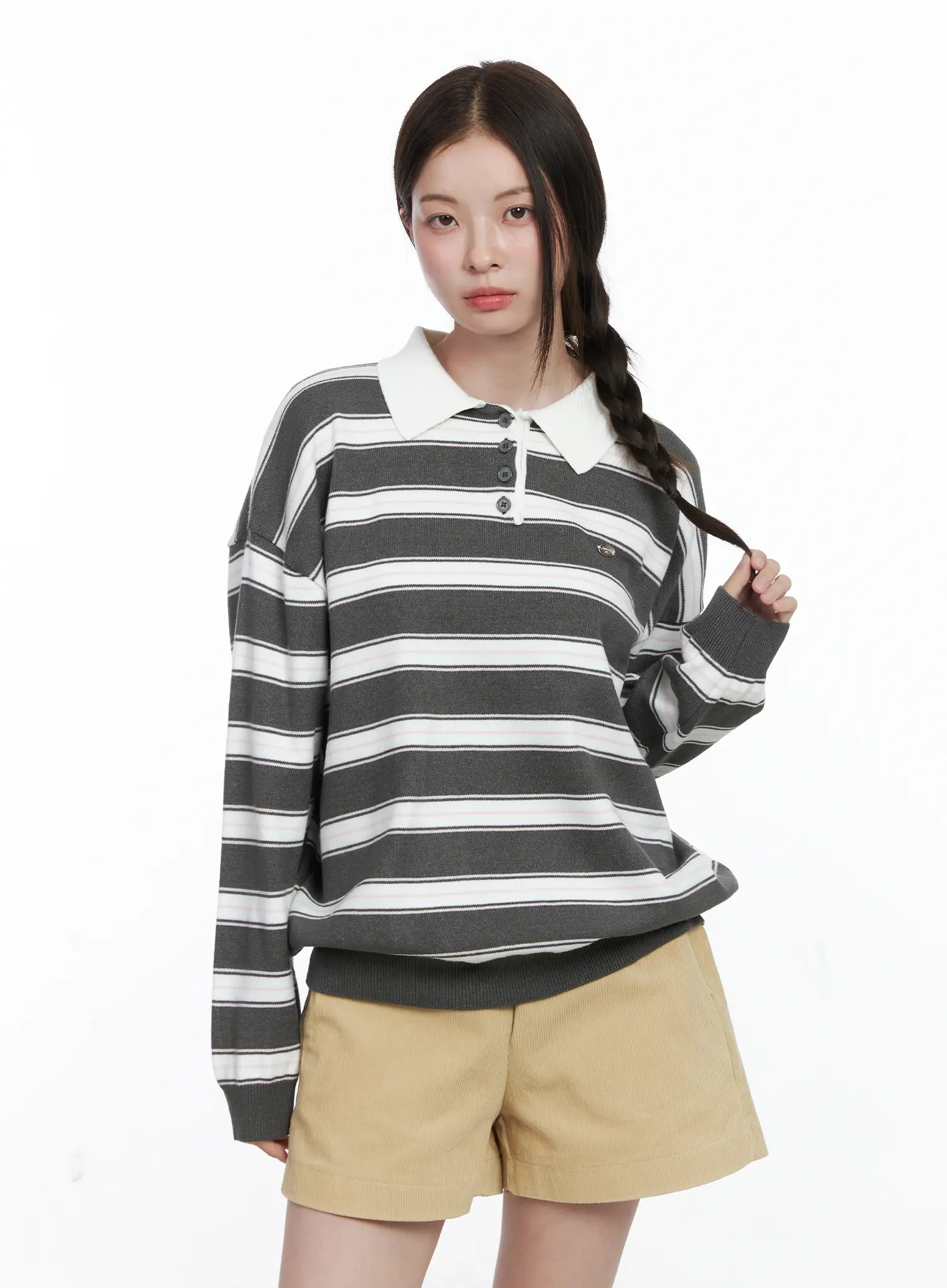 Oversized Striped Long Sleeve Collared Shirt CO503