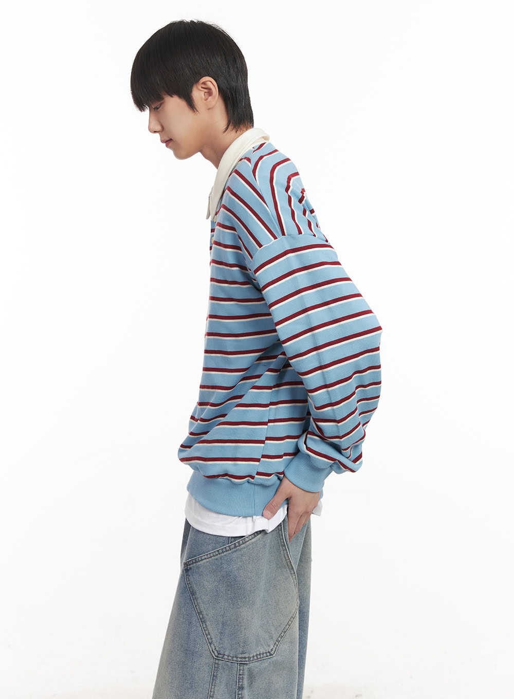 Men's Stripe Collared Sweatshirt (Light Blue) IM518