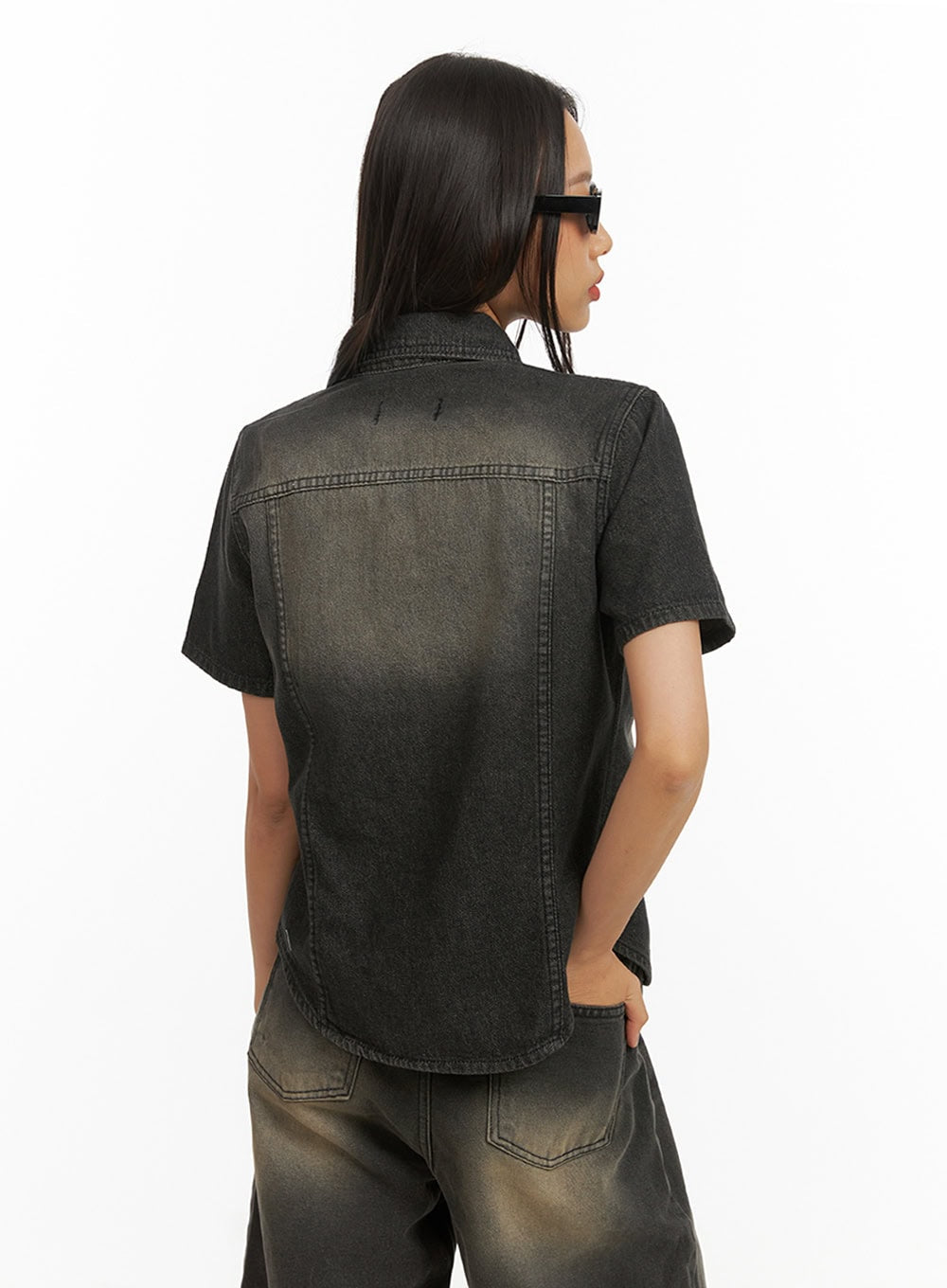 Denim Collar Solid Pocket Blouse IY422