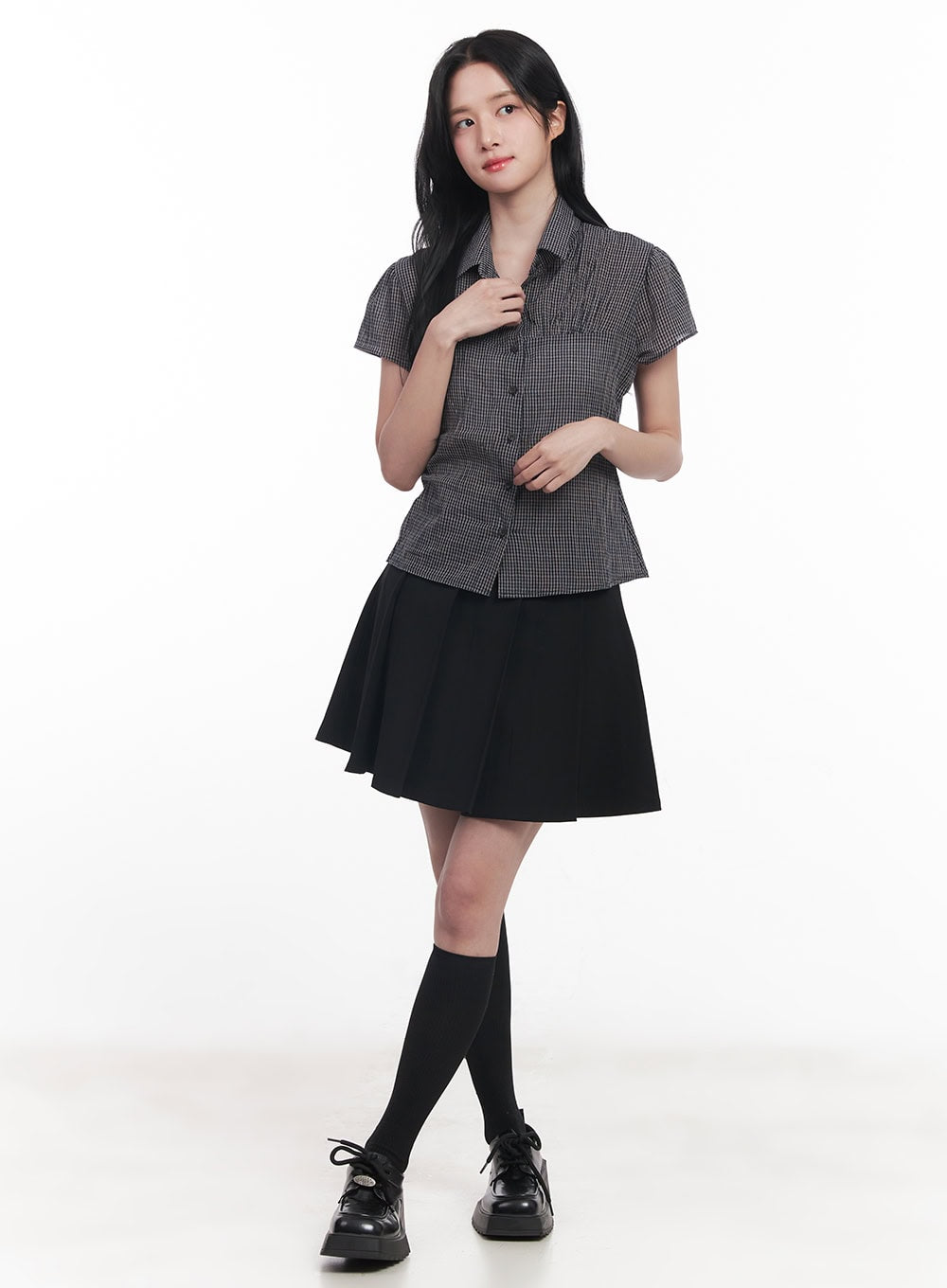 Checkered Puff Button Blouse Top CY526