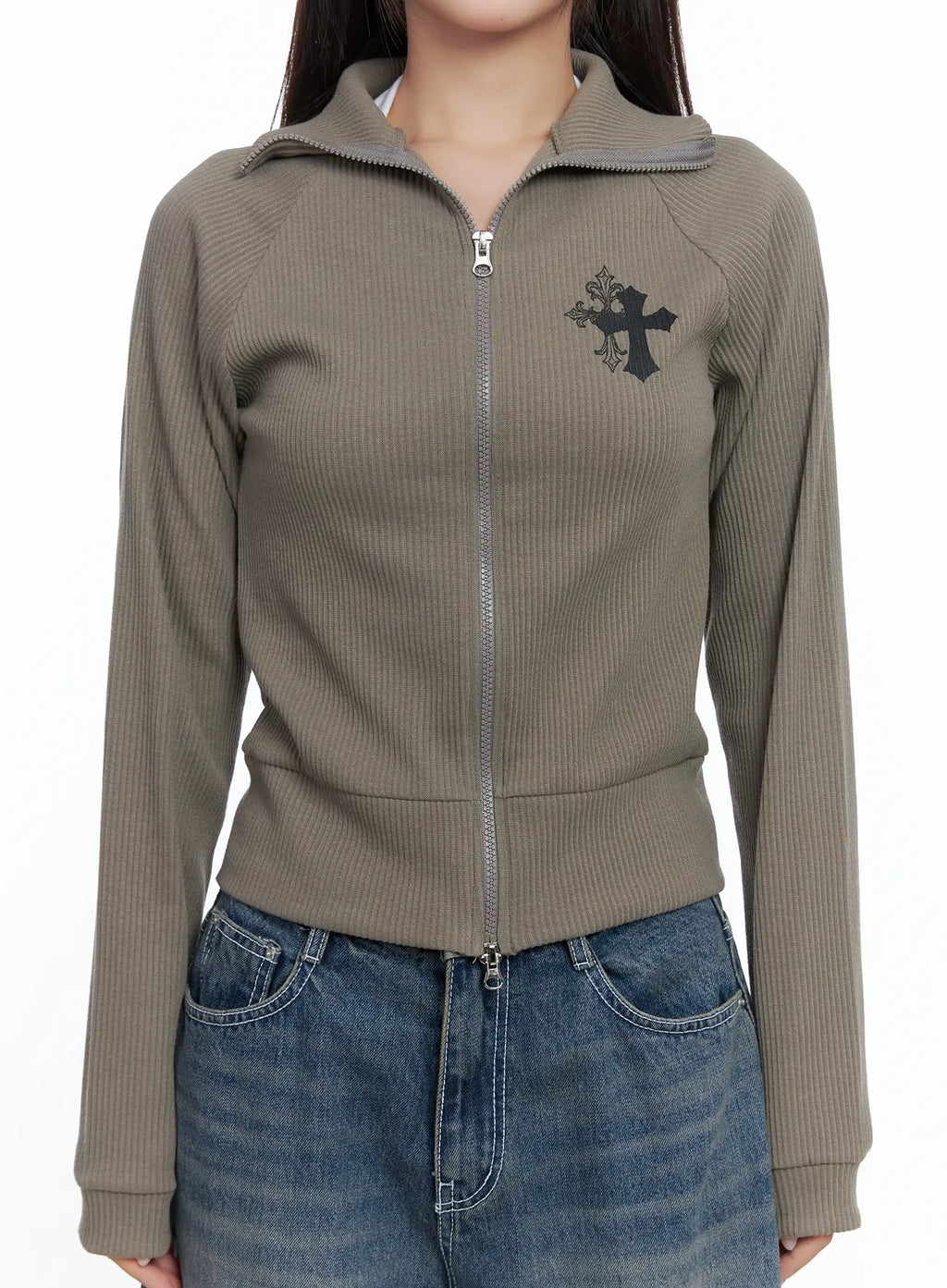 Gothic Print Slim Fit Ribbed Zip-Up Jacket CS503