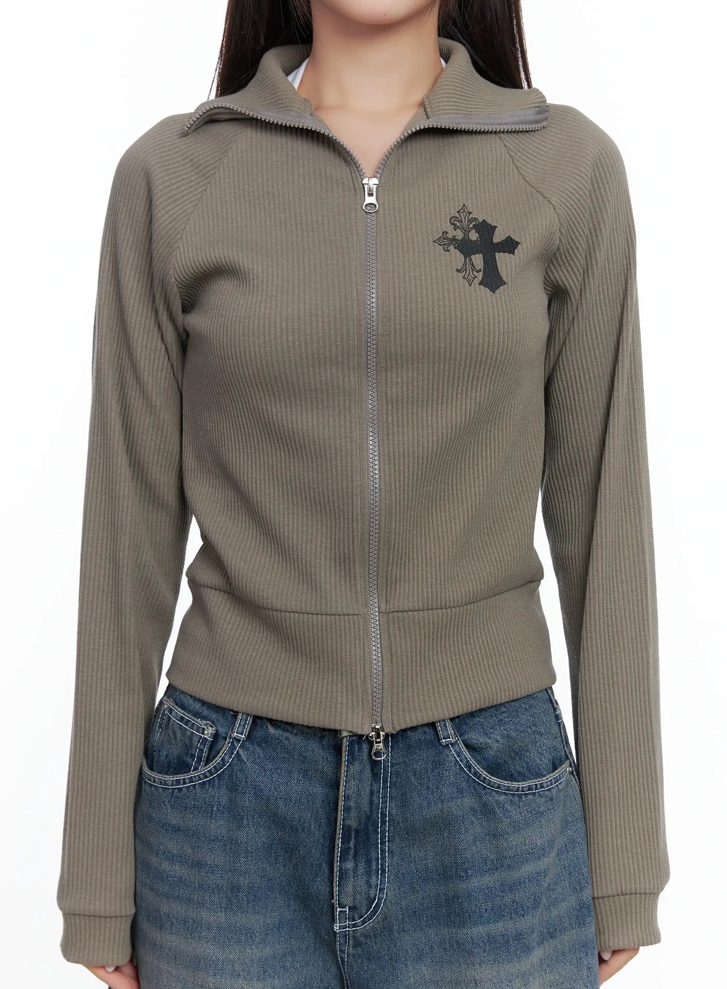 Gothic Print Slim Fit Ribbed Zip-Up Jacket CS503