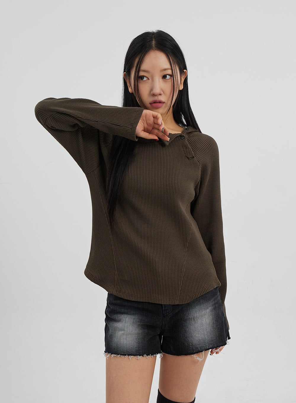 Side Button Detail Knit Hoodie CJ318