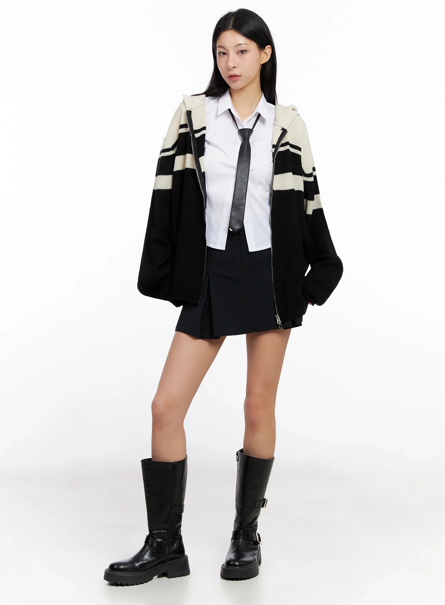 Striped Oversized Zip-Up Knit Hoodie IG508