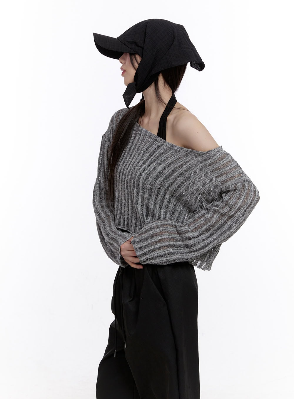 Sheer One-Shoulder Crop Sweater CF511