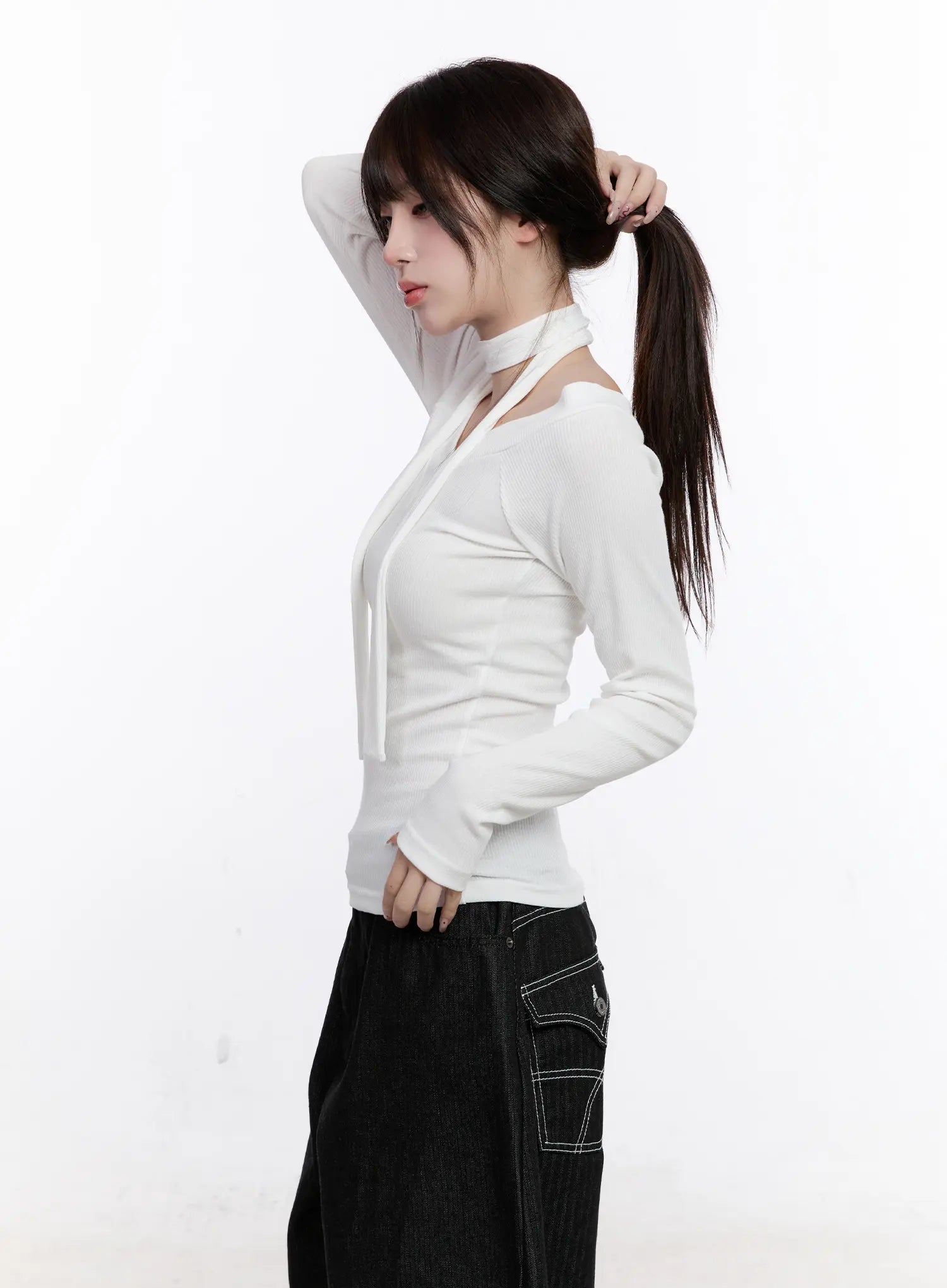 V-Neck Ribbed Two-Way Tie Long Sleeve Top CS530