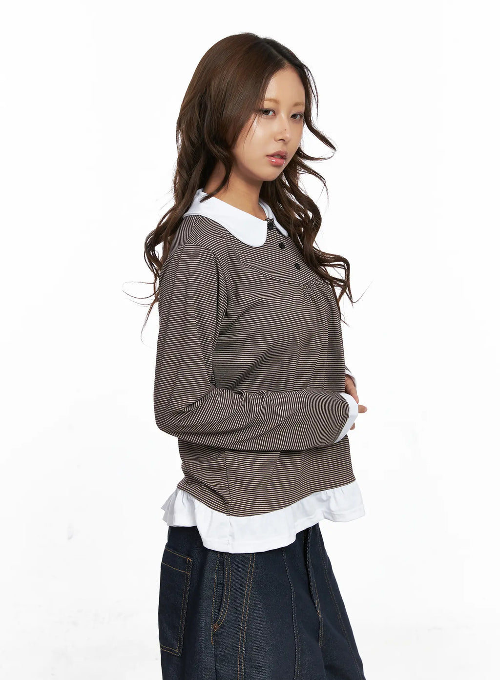 Striped Collared Button Long Sleeve Top CO510