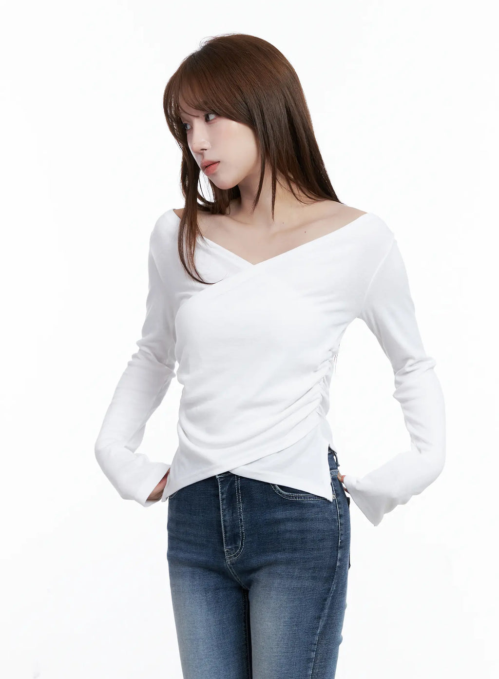 Off-Shoulder V-Neck Long Sleeve Top CG529