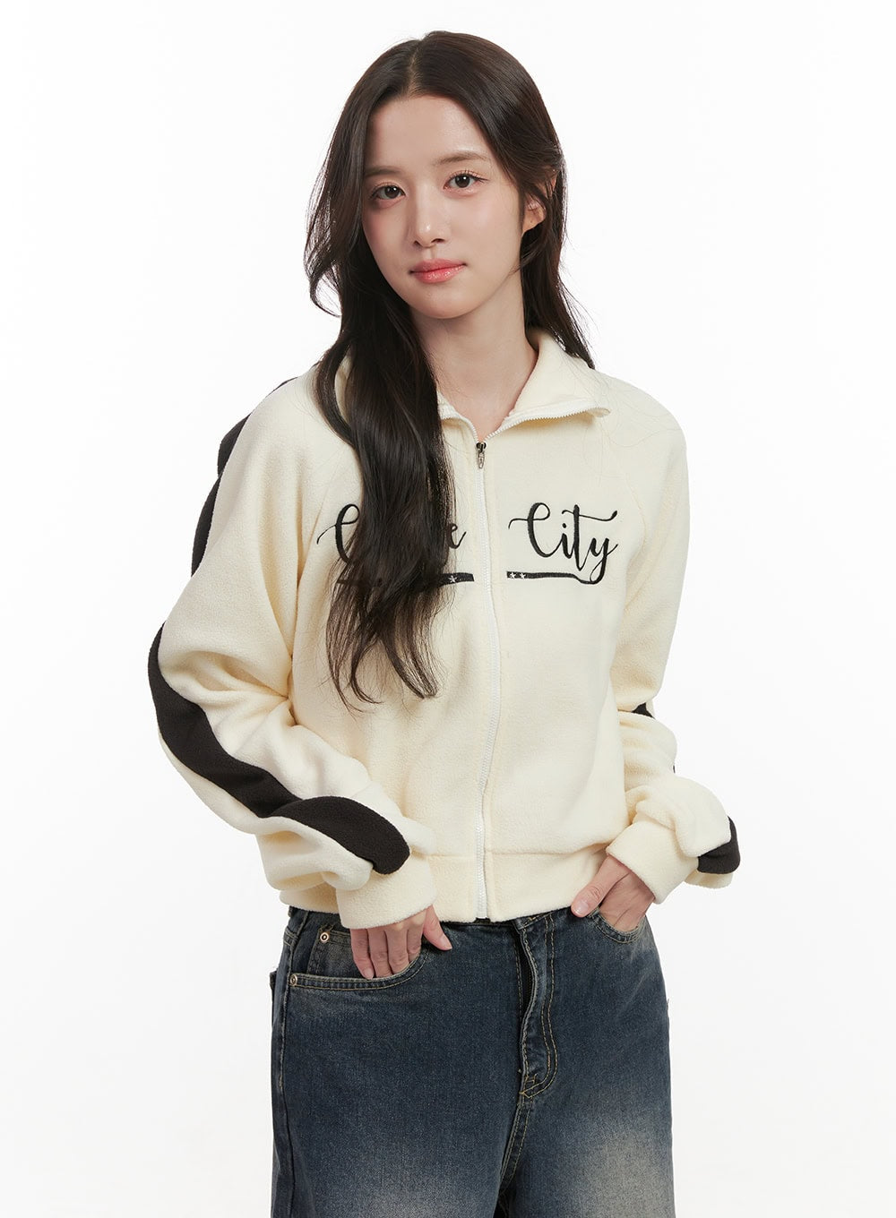 Fleece Lettering Zip Up Sweatshirt ON429