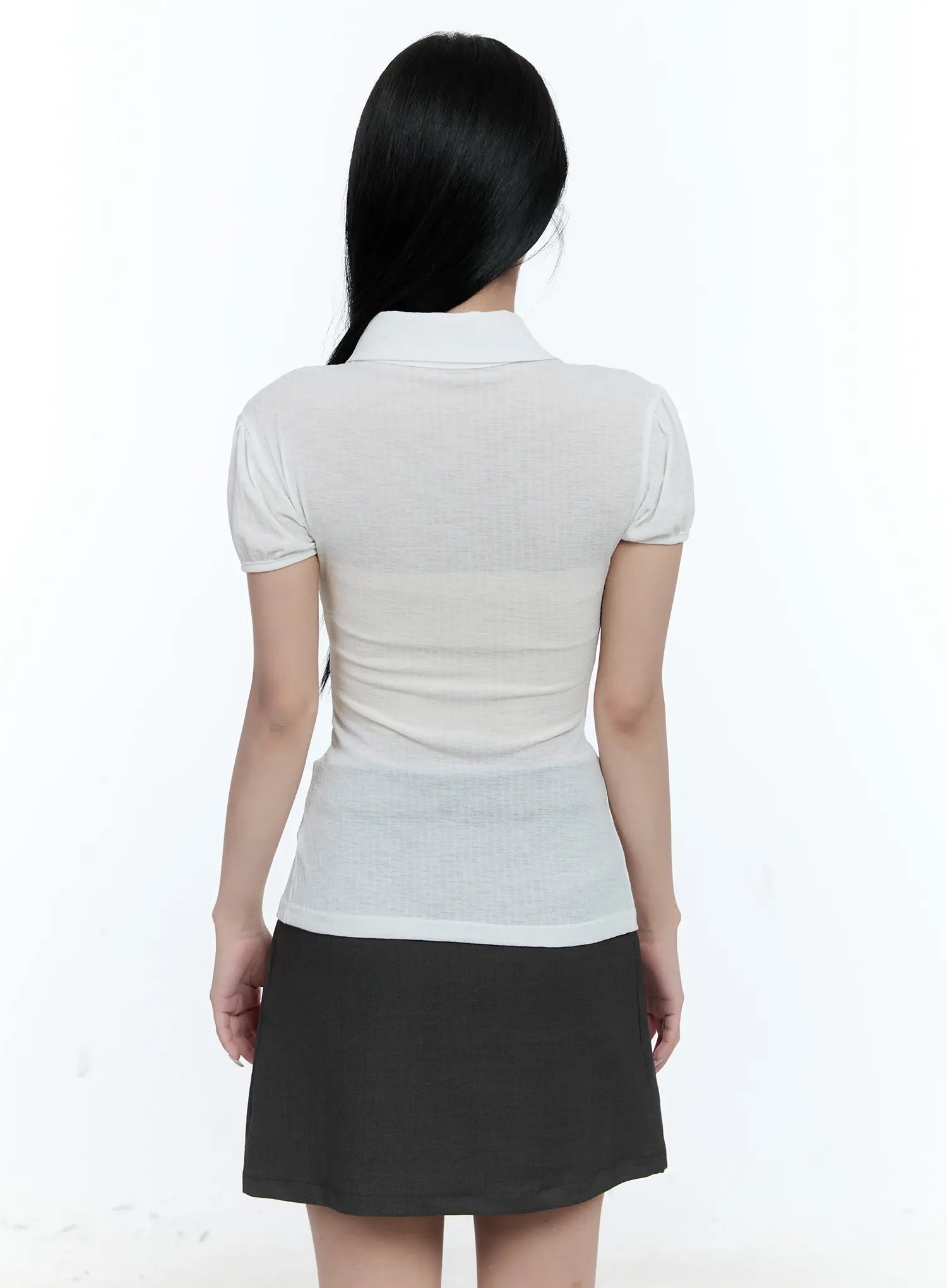 Collared Puff-Sleeve Button-Down Blouse CL530