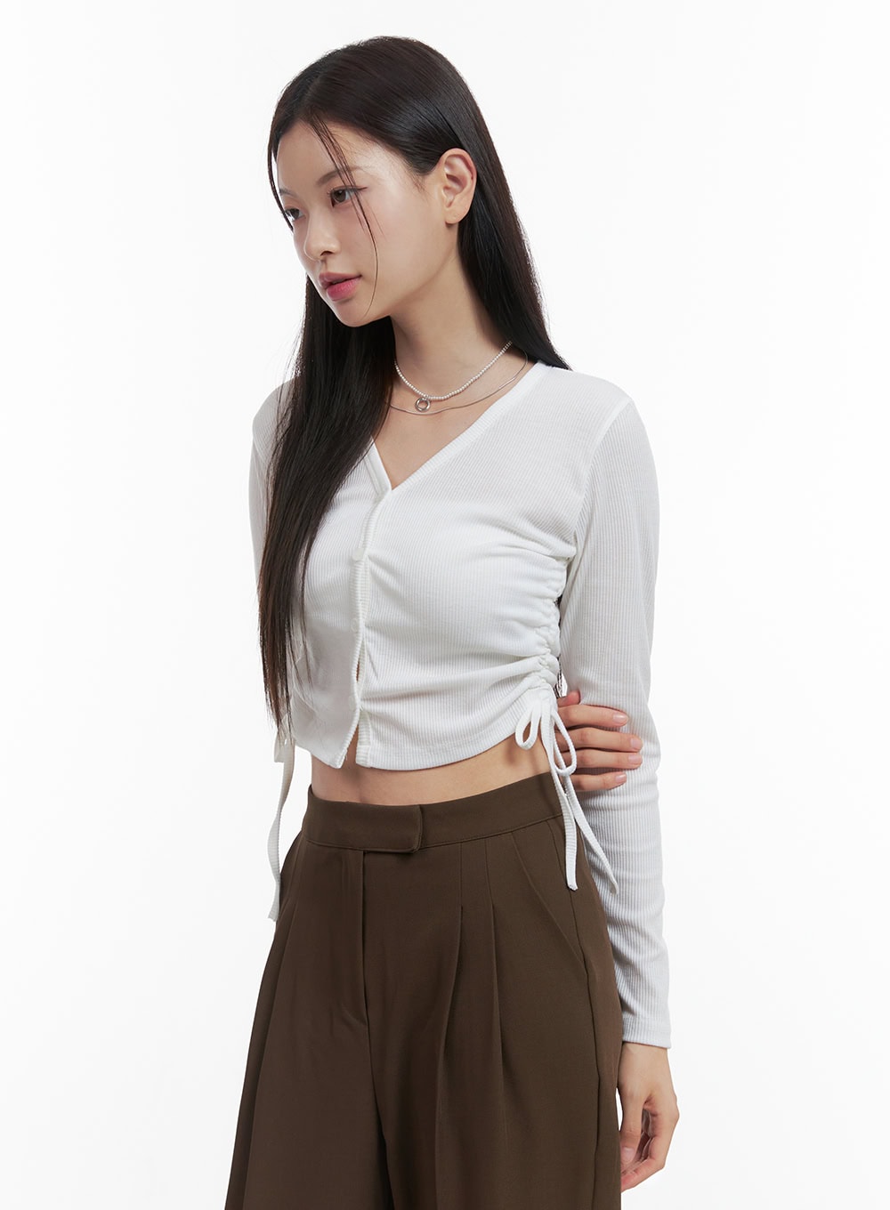 V-Neck Buttoned Shirred Crop Top OO416