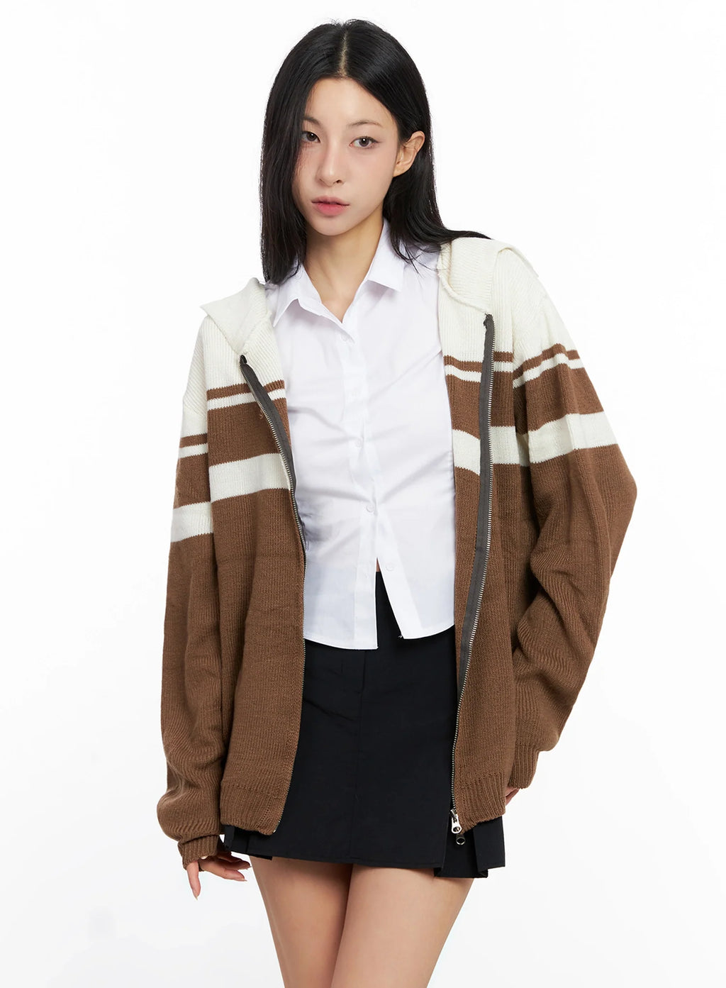 Striped Oversized Zip-Up Knit Hoodie IG508