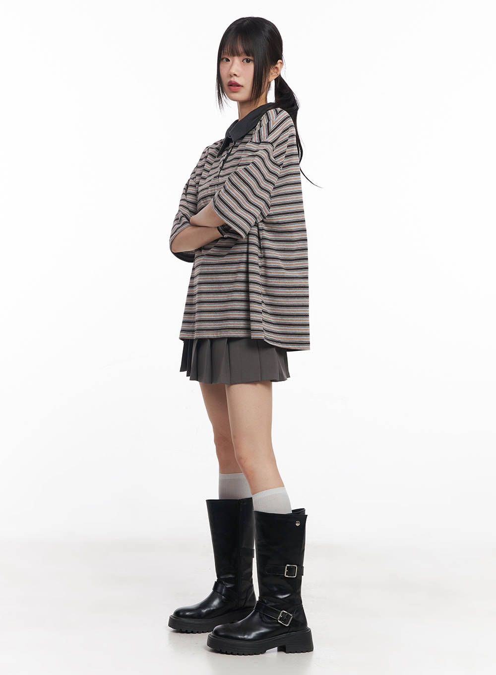 Oversized Striped Short Sleeve Polo Shirt CY514