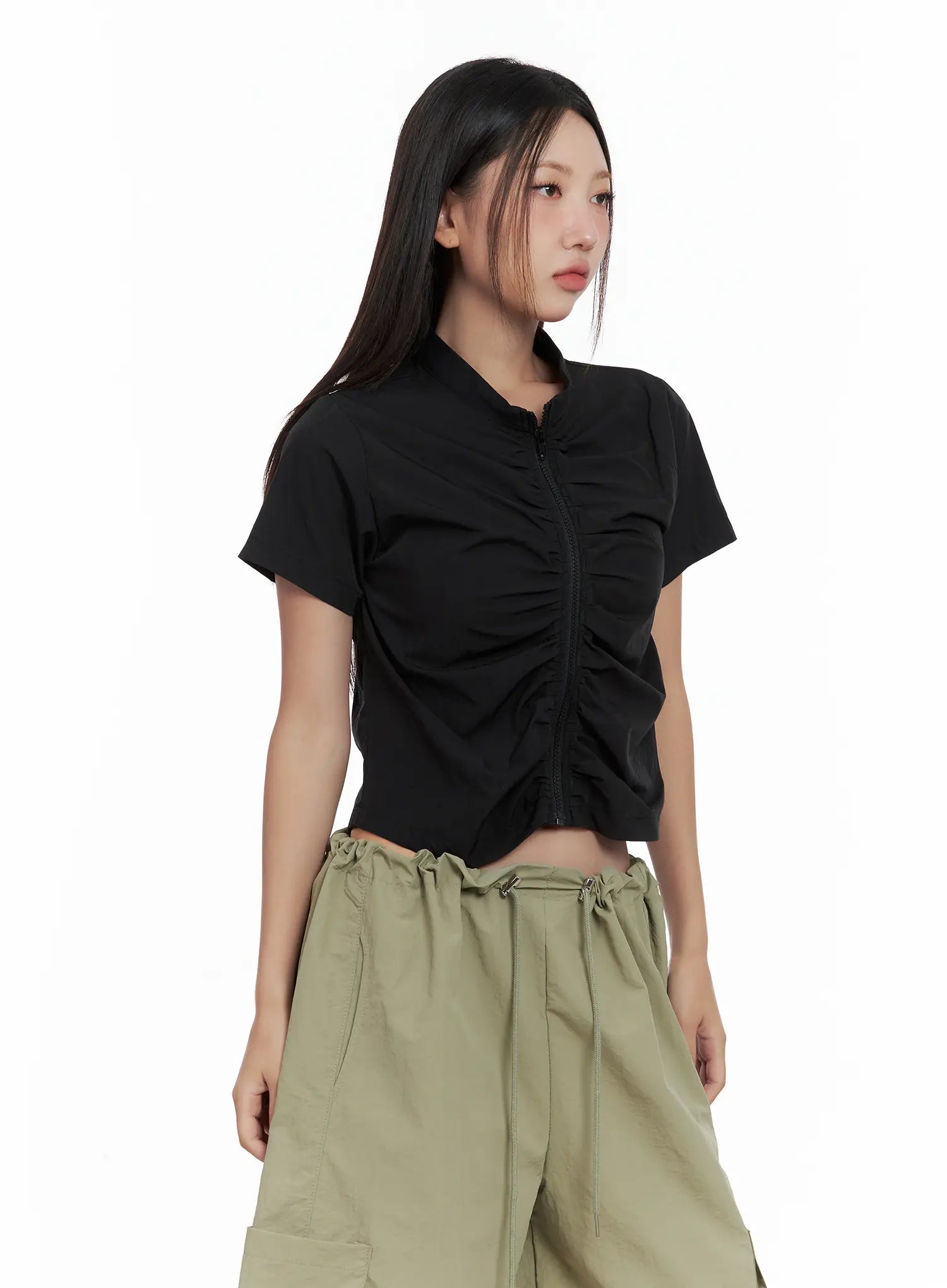 Shirred Zip Nylon Short-Sleeve Jacket CL509