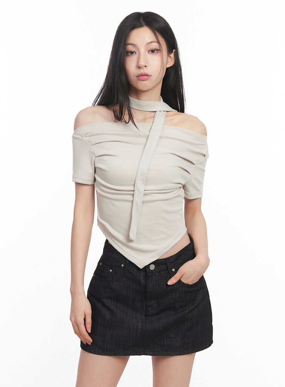 Off-Shoulder Crop Tee & Scarf Set IY516