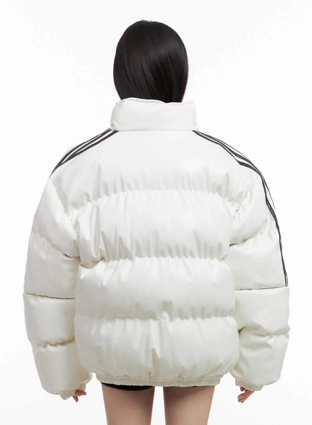 Oversized Stripe Leather Padded Coat IO430