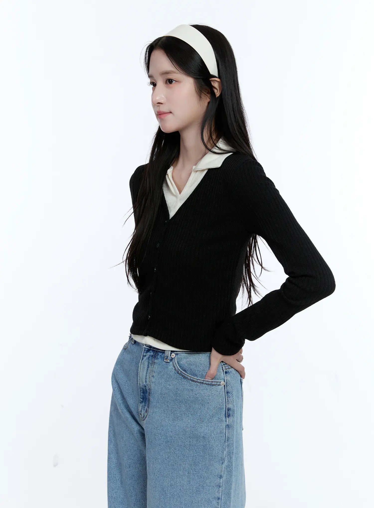 Two-Tone Collared Knit Cardigan CG514