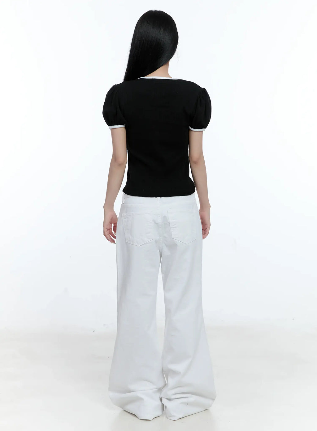 Puff-Sleeve Ribbon-Tie Top CL530