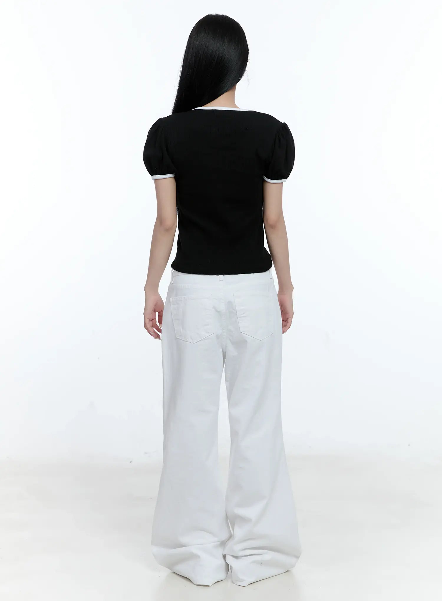 Puff-Sleeve Ribbon-Tie Top CL530