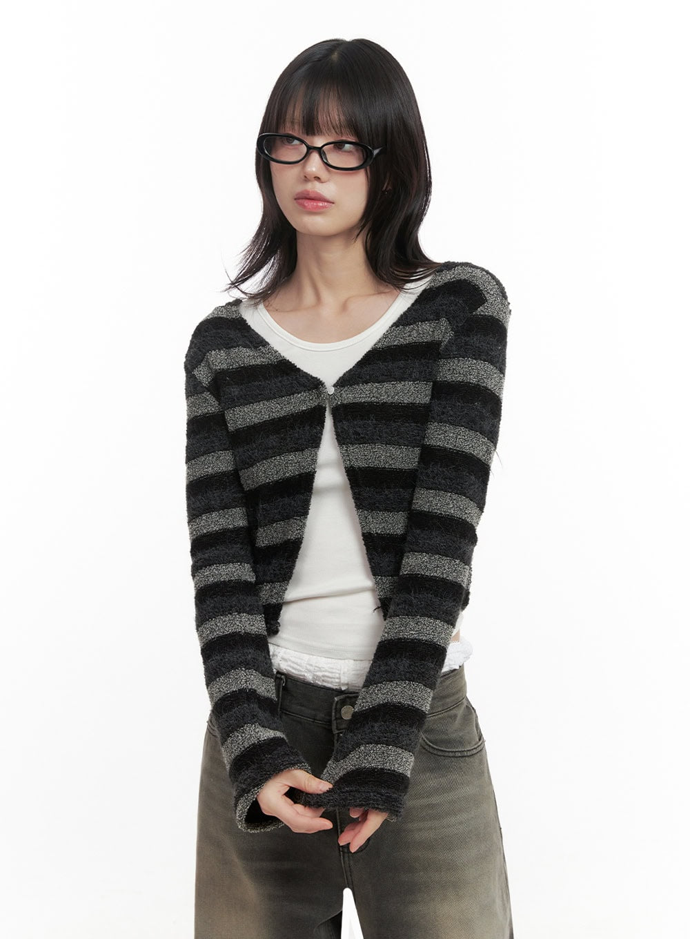 Striped Slit Cropped Cardigan ID402