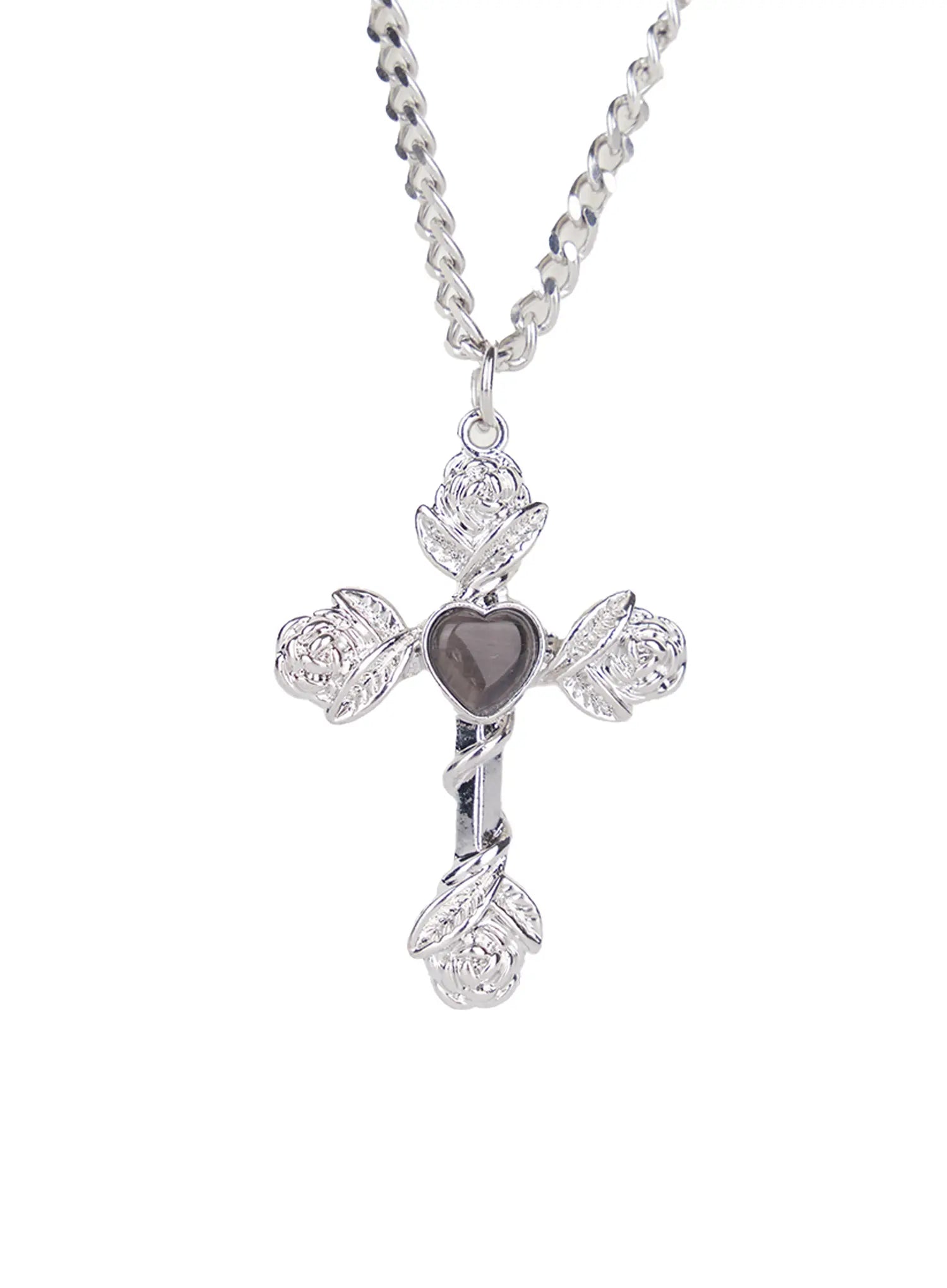 Layered Rose Heart Cross Pendant Necklace CG526