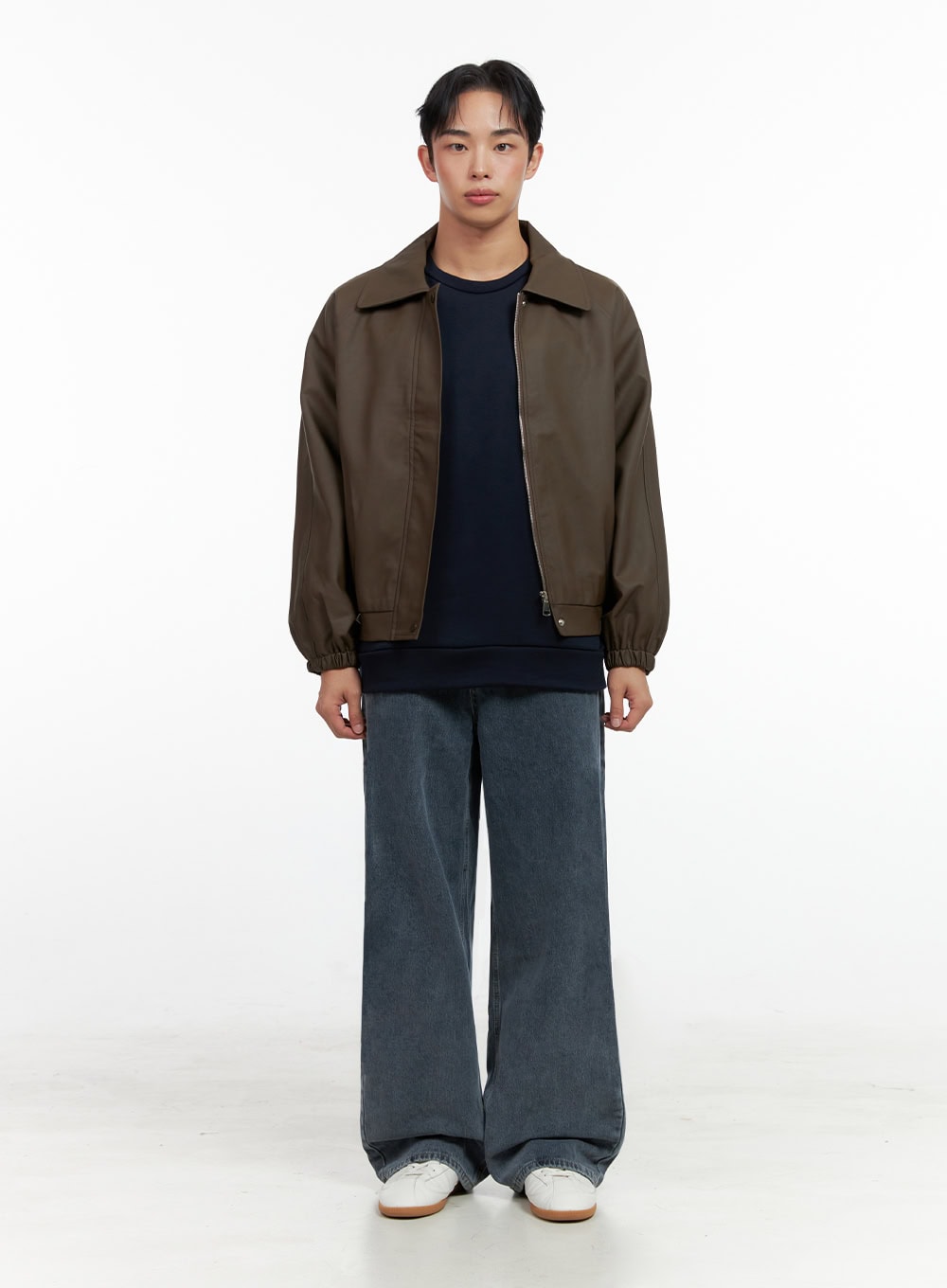 Men's Collared Faux-Leather Jacket IN426