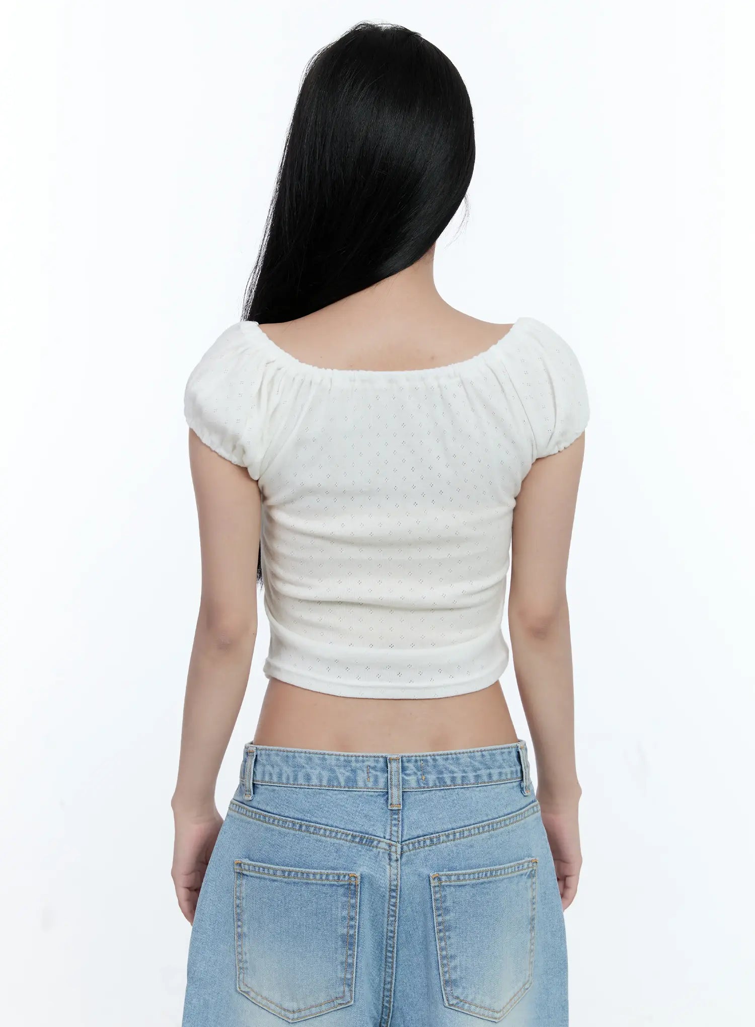 Off-Shoulder Eyelet Puff-Sleeve Top CL530