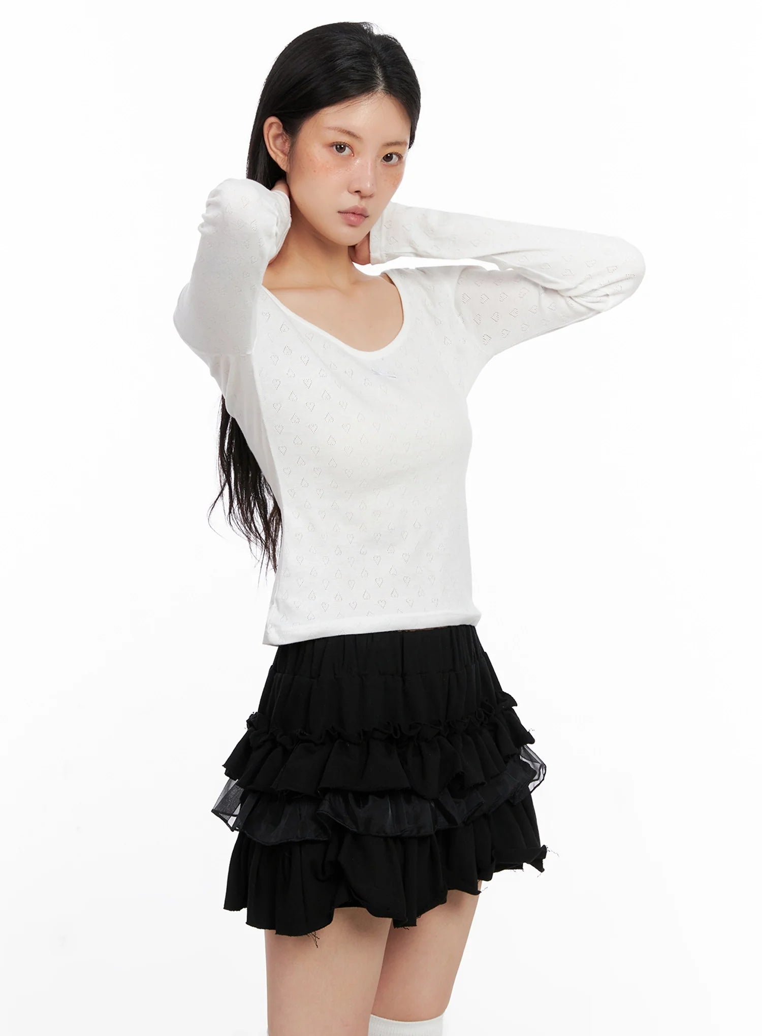 Scoop Neck Ribbed Long Sleeve Top IS508