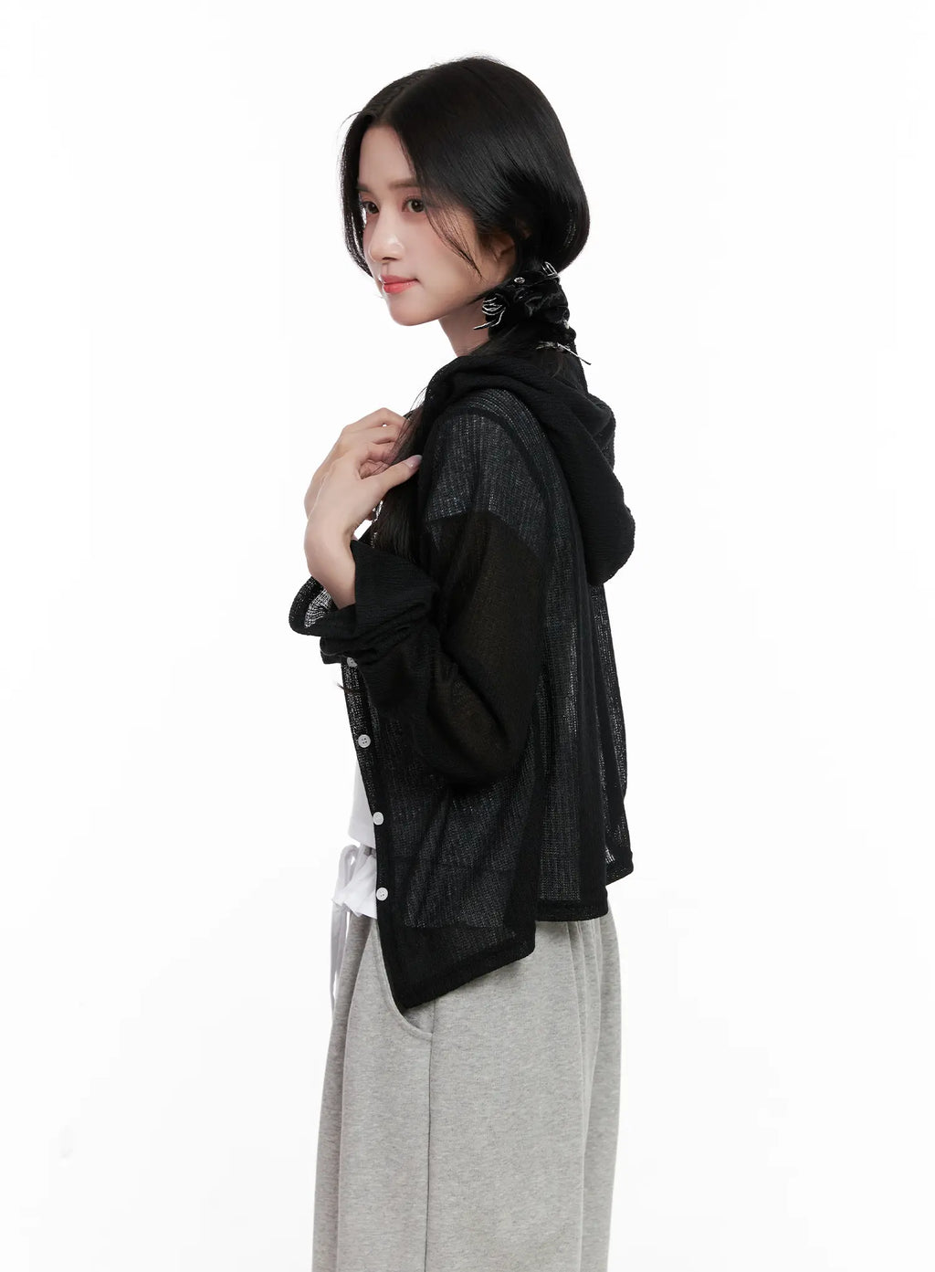 Sheer Button-Up Long Sleeve Zip-Up CL516