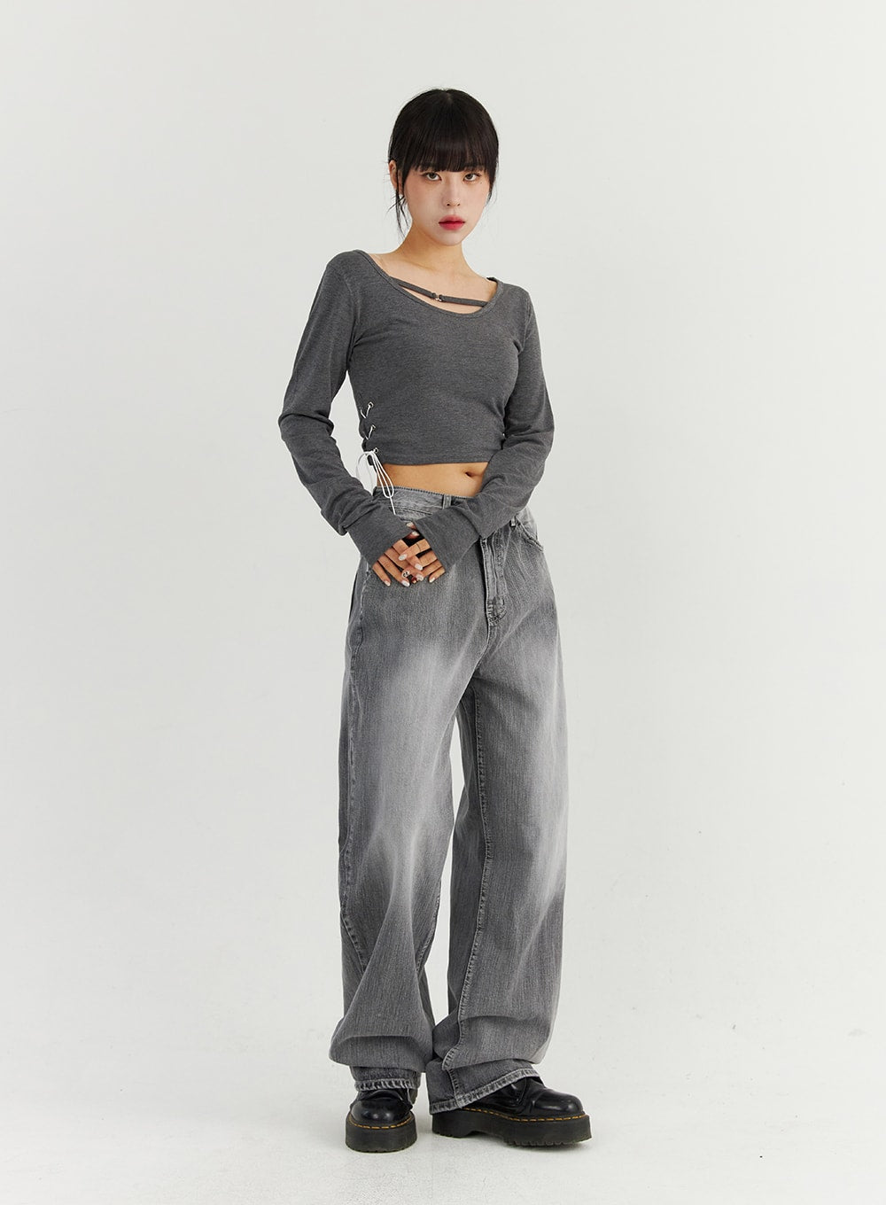 Grey Washed Wide Leg Jeans CO323