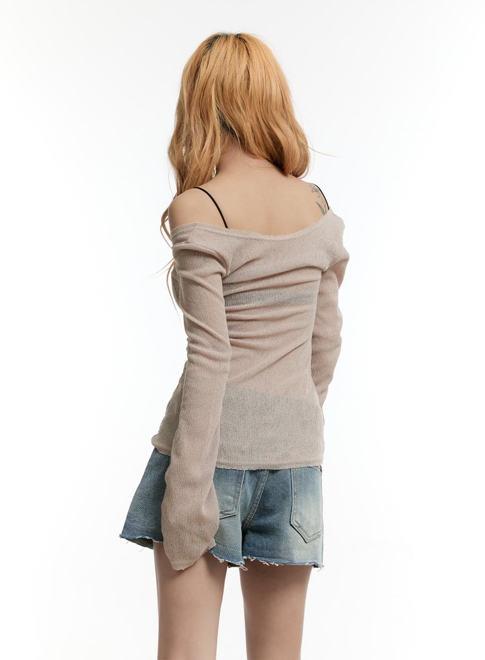 Sheer Knit Off-Shoulder Long-Sleeve Top CY501