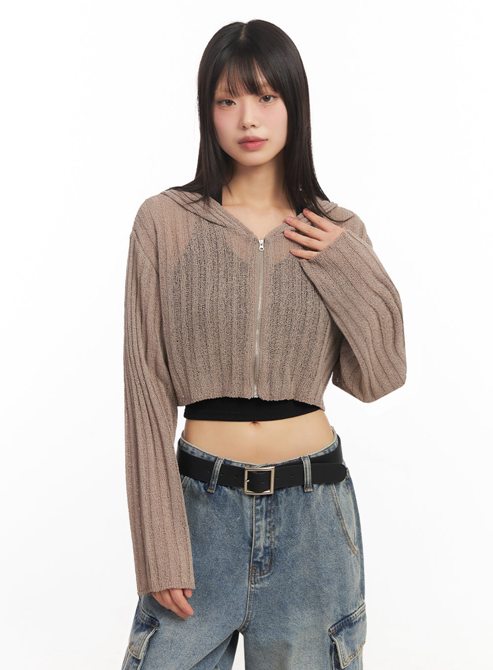 Zip-Up Sheer Hooded Cardigan IA528