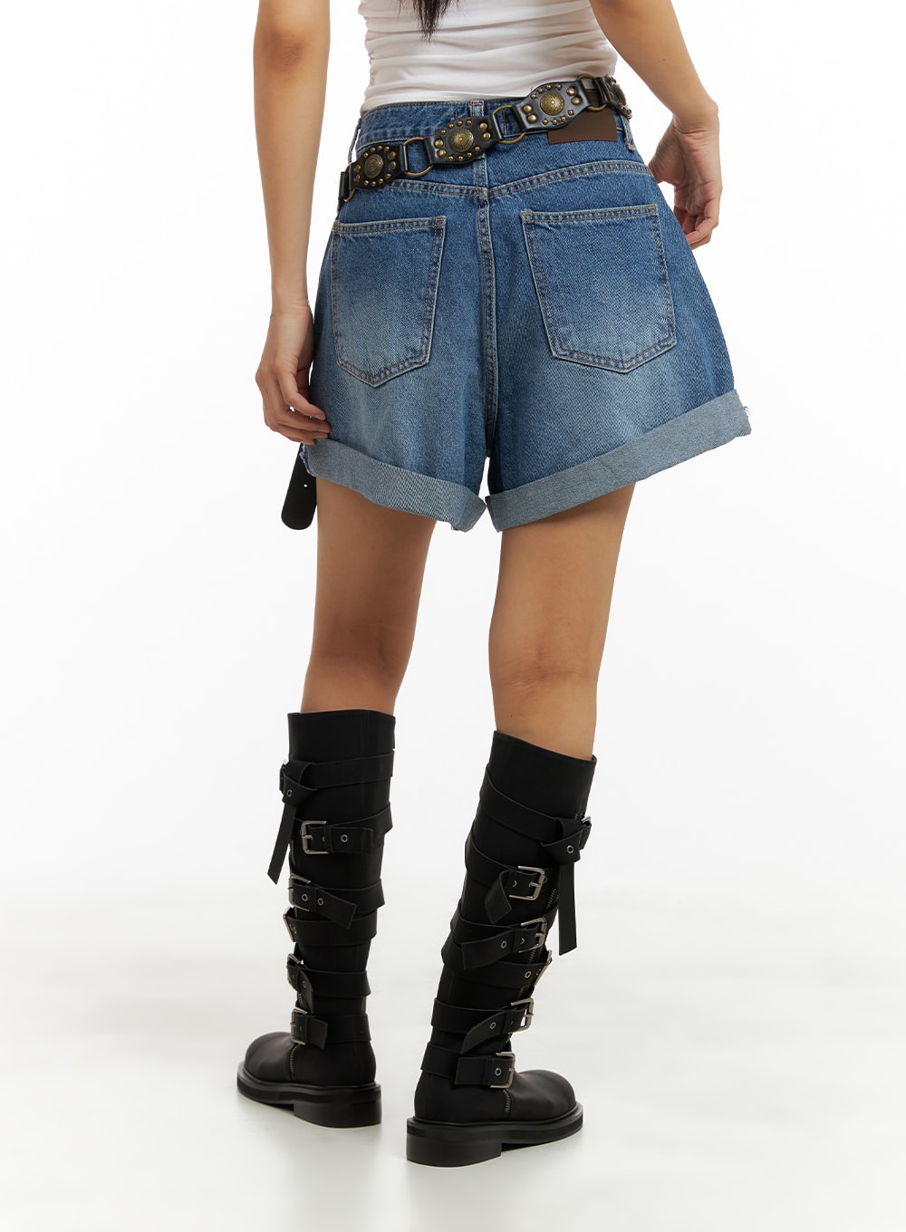 Washed Denim Roll-Up Shorts CA423