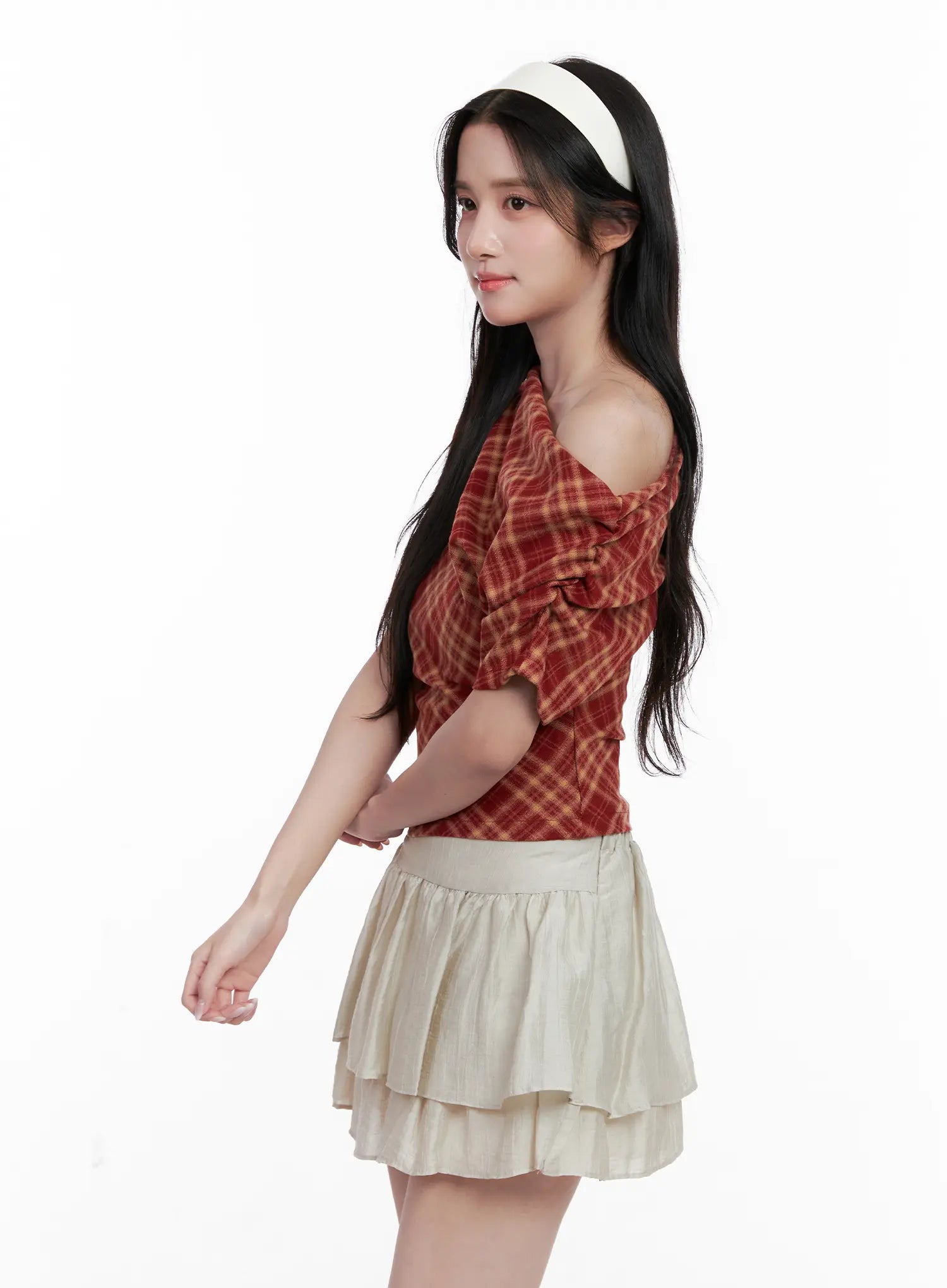 Plaid Asymmetric Ruched Off-Shoulder Top CL516