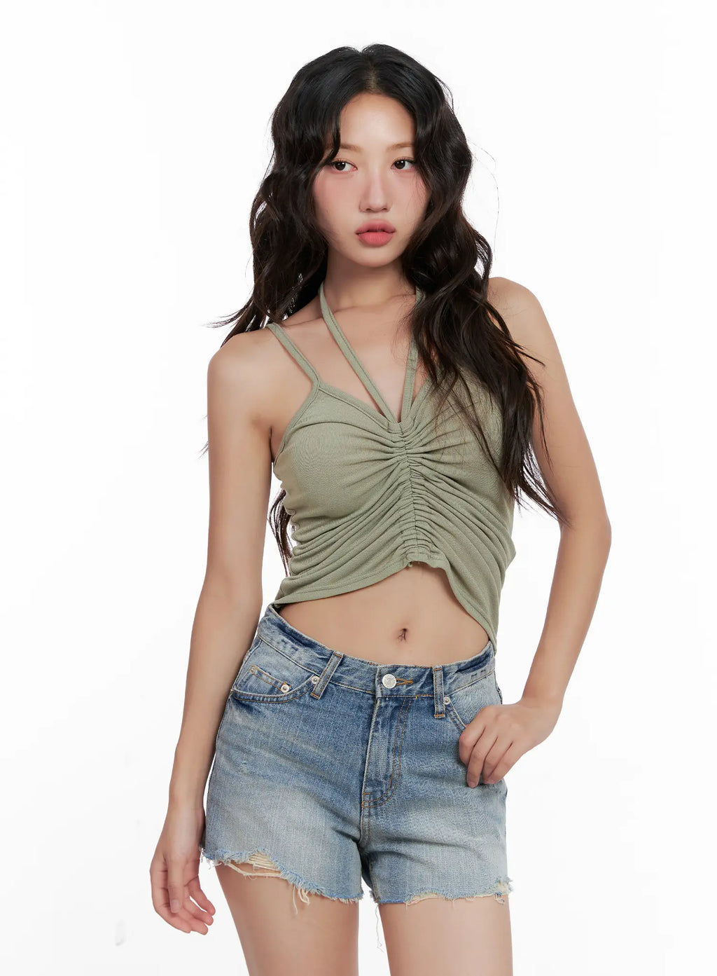 Shirred Cropped Halter Tank CL521