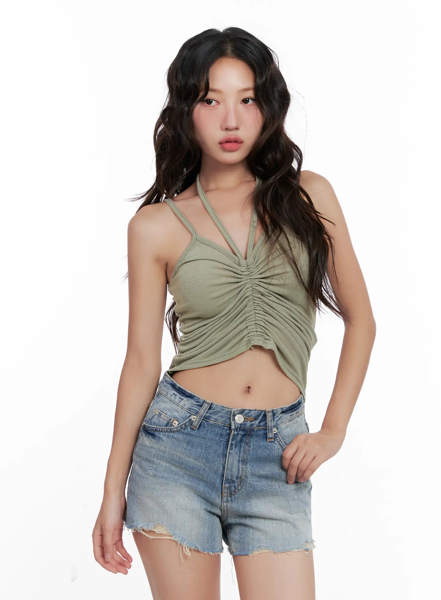 Shirred Cropped Halter Tank CL521