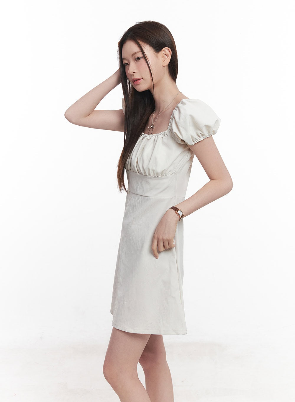 Puff-Sleeve Shirring Mini Dress CY515