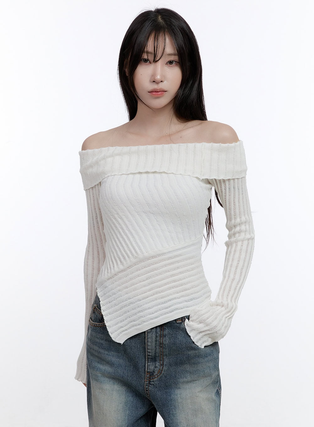 Unbalanced Long-Sleeve Off Shoulder Top CO418