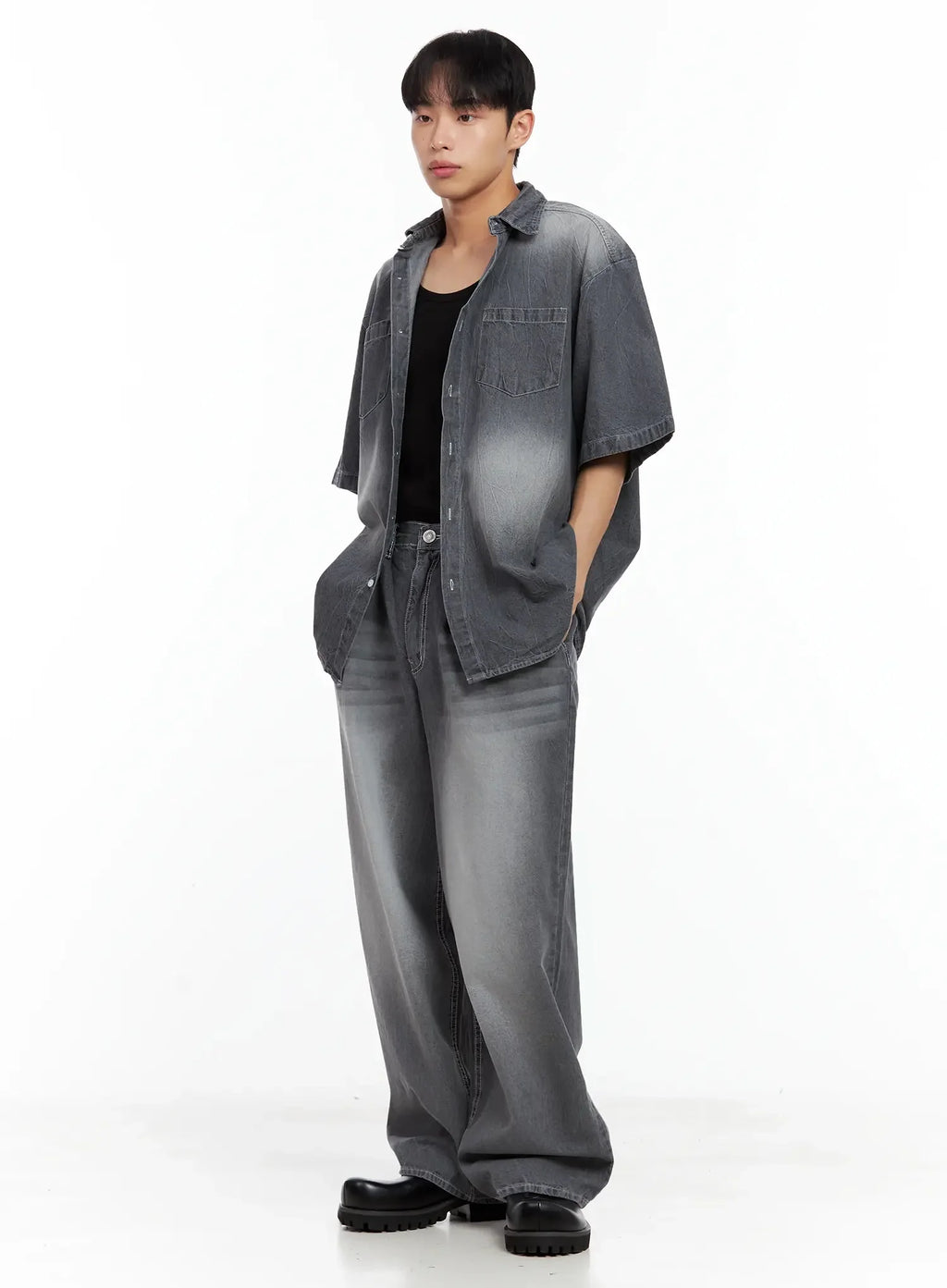 Men's Washed Denim Button-Up Top IL516