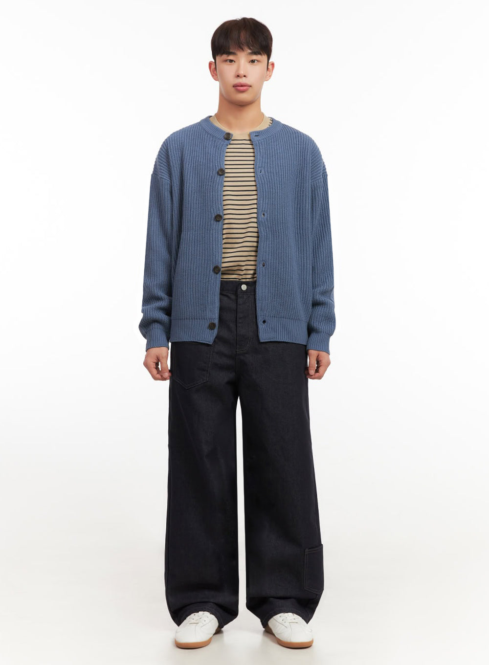 Men's Ribbed Buttoned Round-Neck Cardigan IF517