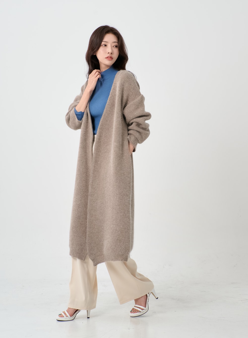 Angora V-Neck No Button Long Cardigan IO12