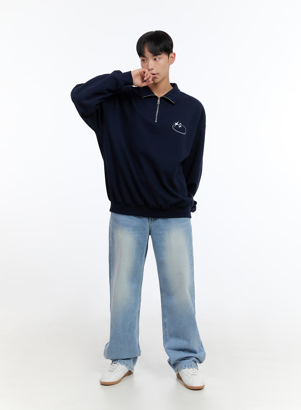 Men's Classic Cotton Half-Zip Graphic Hoodie (Dark blue) IS413