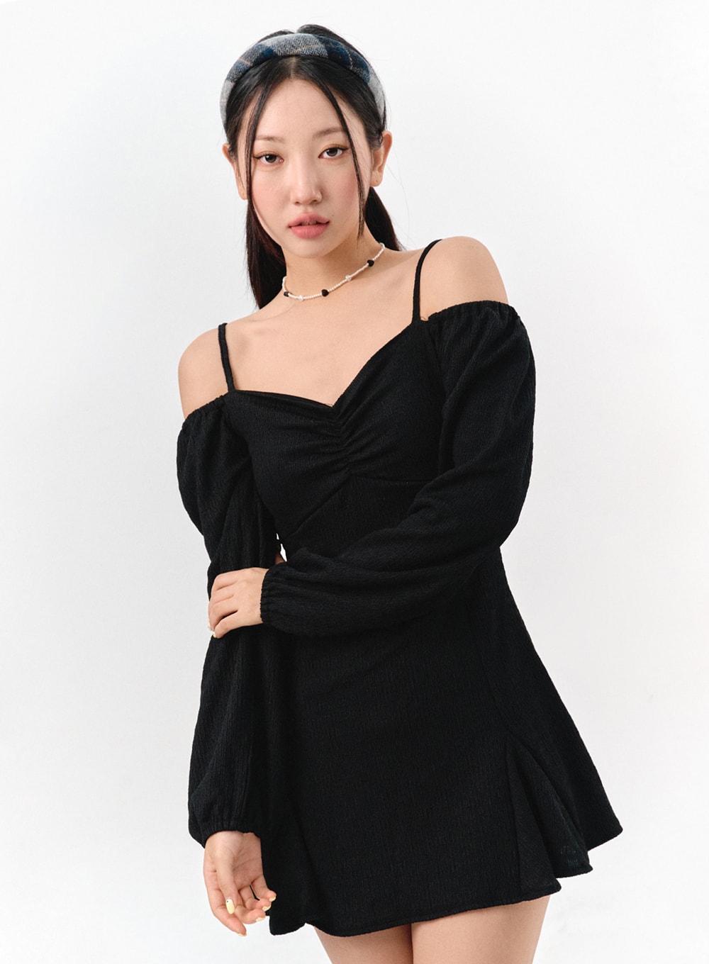 Off-Shoulder Shirred Mini Dress IS301