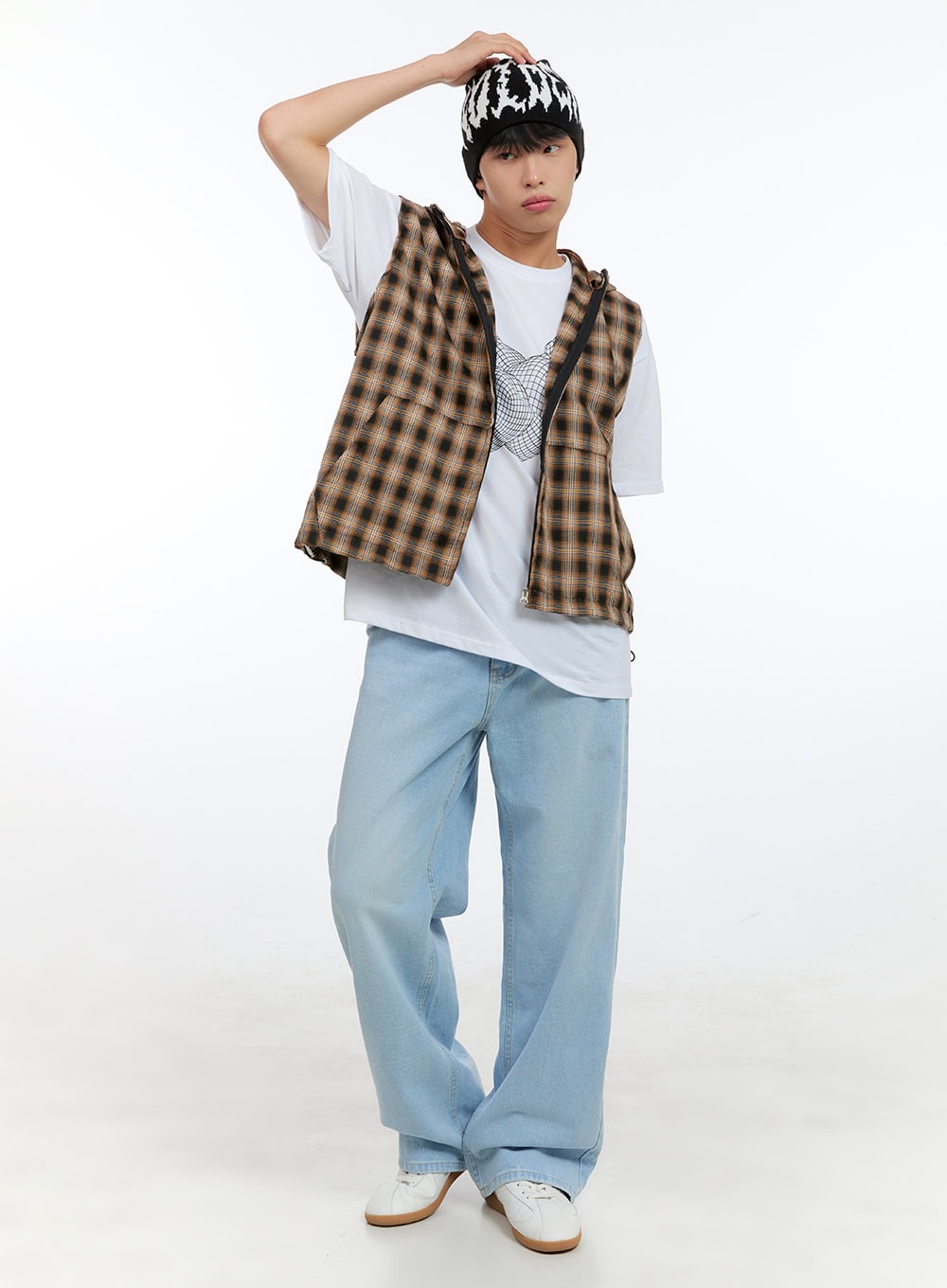 Men's Checkered Zip-Up Hooded Vest IG416