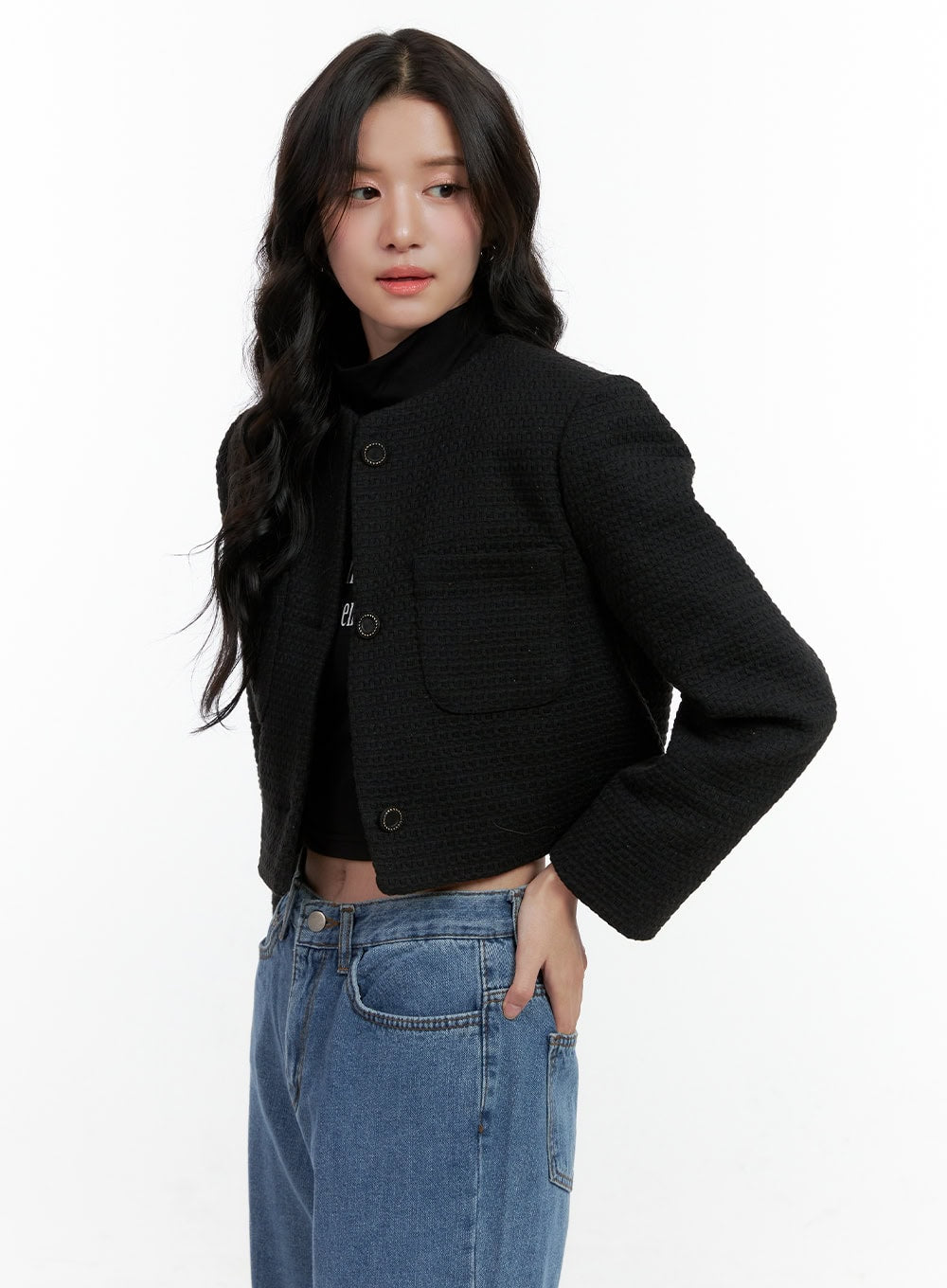 Tweed Buttoned Crop Jacket ON404