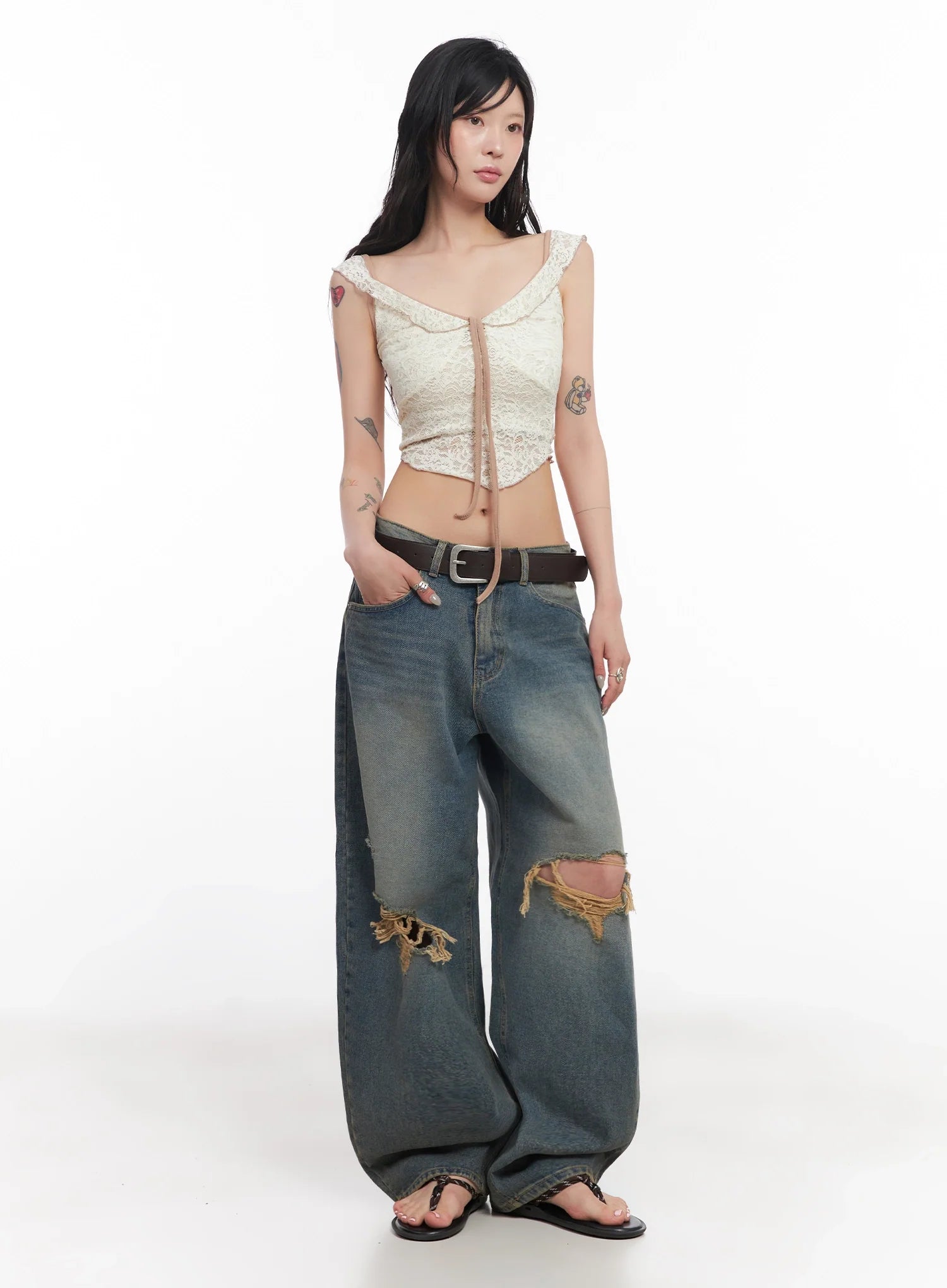 Jeemin Vintage Distressed Wide-Leg Denim Jeans  IC503