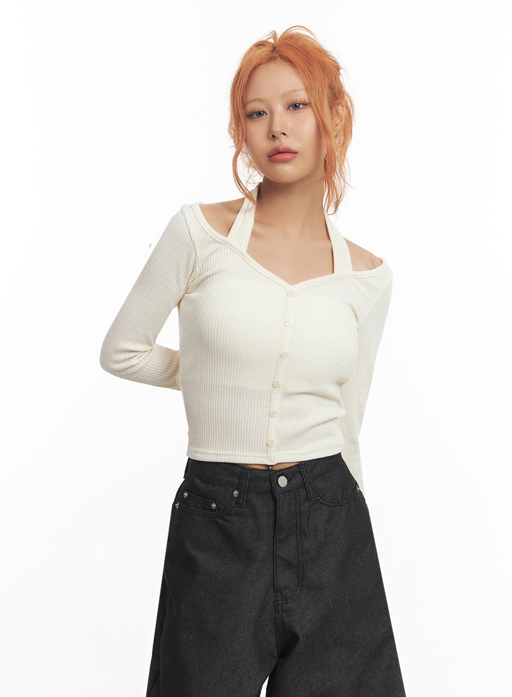 Halter Buttoned Long Sleeve Top IA515